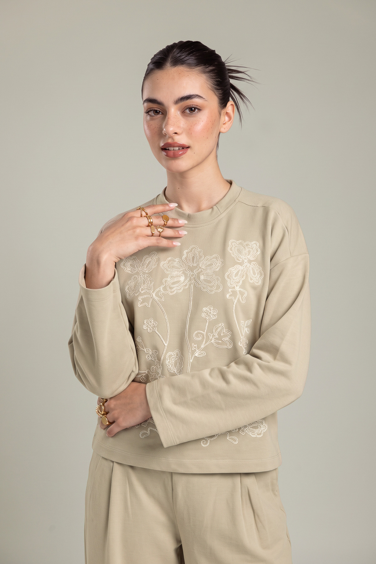 Embroidered Double Jersey Beige Jersey Sweatshirt - 2-26-202-A-D-VG