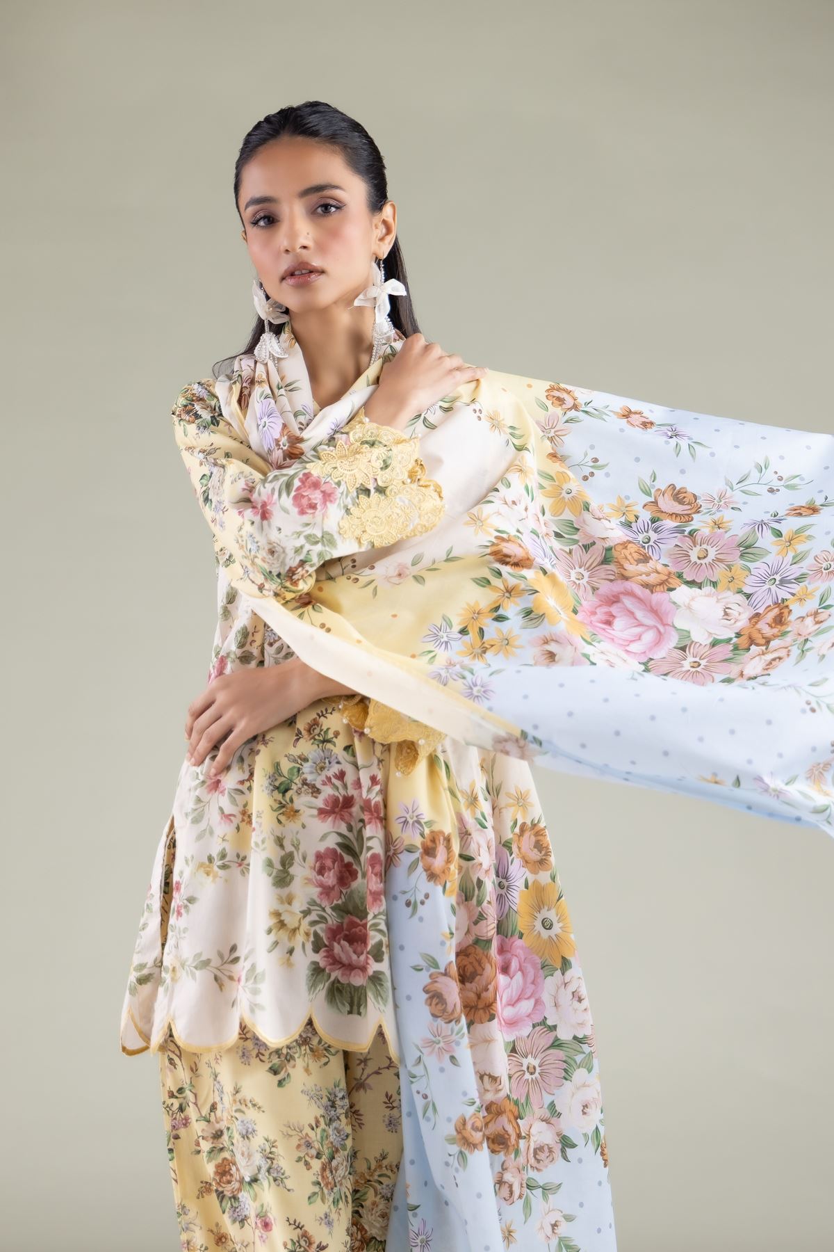 Embroidered Lawn Floral Dotted Dupatta - 1-26-129-A-C-VG