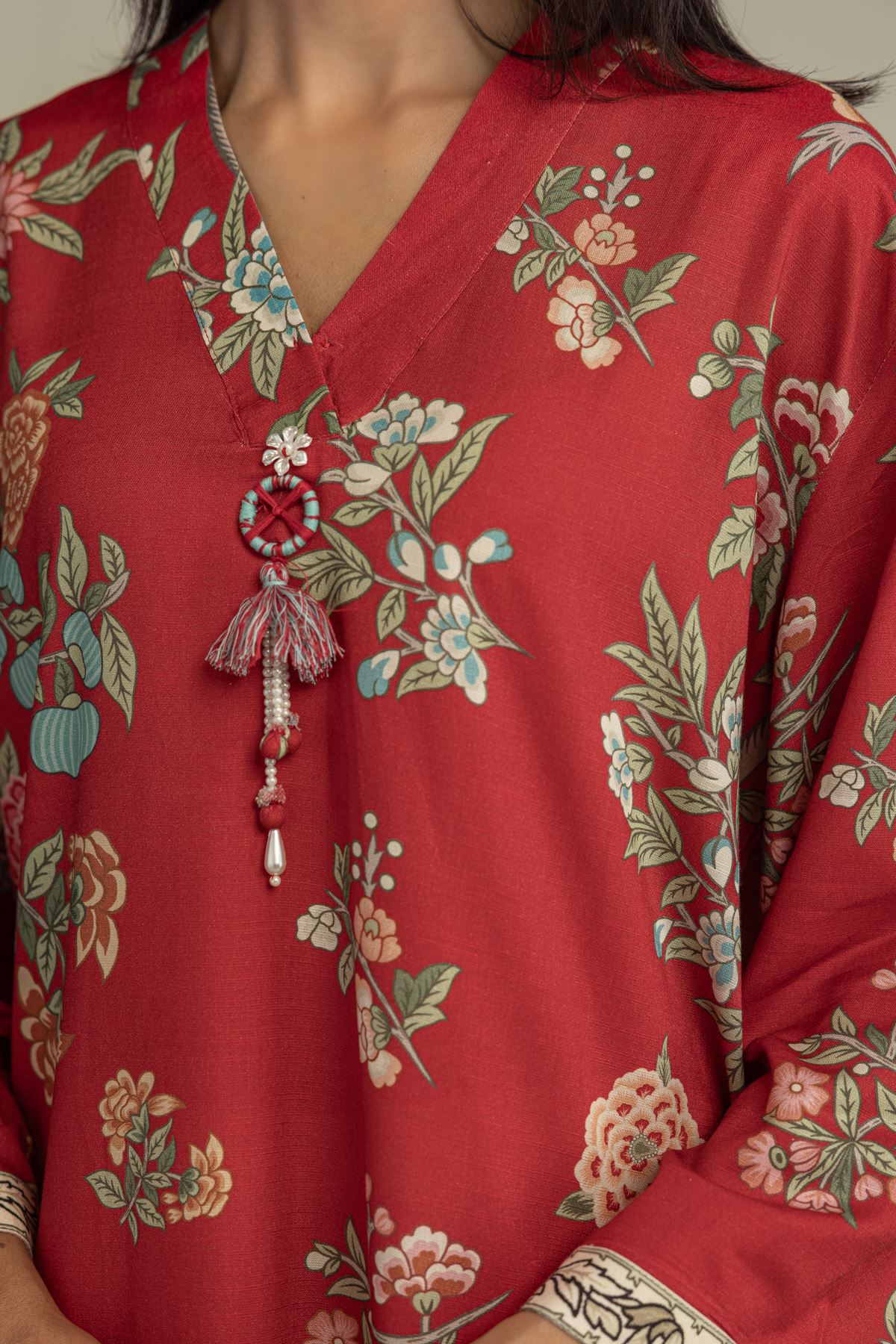 Printed Raw Silk Floral Red Kurta - 1-26-229-B-F1-VG