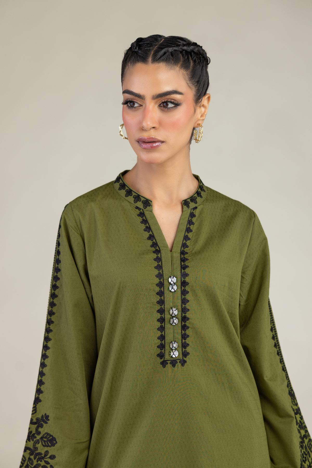 Embroidered Cotton Dobby Cotton Olive Kurta - 1-26-240-A-I1-VG