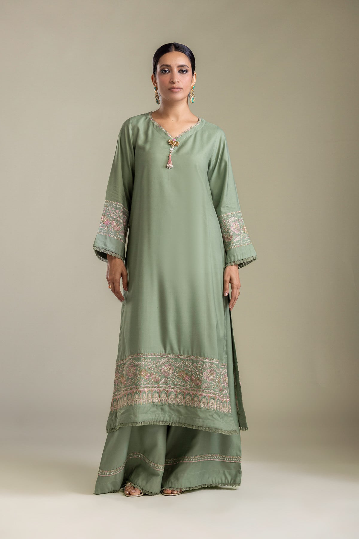 Embroidered Raw Silk Longline Silk Kurta - 2-26-403-A-H1-VG