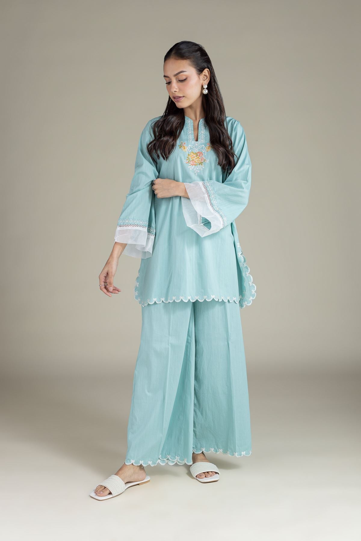 Embroidered Textured Cambric Relaxed Laced Pants - 1-26-103-B-E-VG