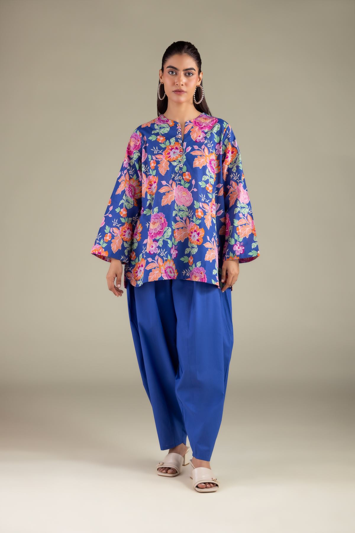 Printed Cambric Floral Button Kurta - 1-26-108-A-F-VG
