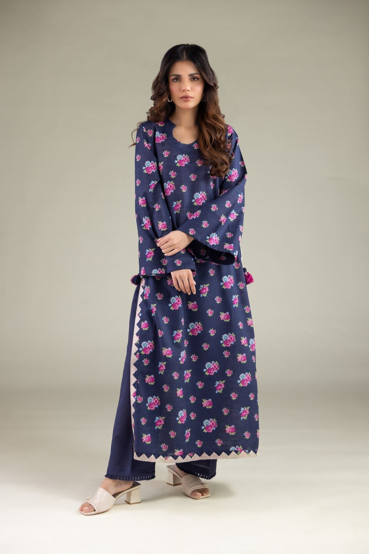 Embroidered Textured Cotton Floral Longline Kurta - 1-26-130-A-B-VG