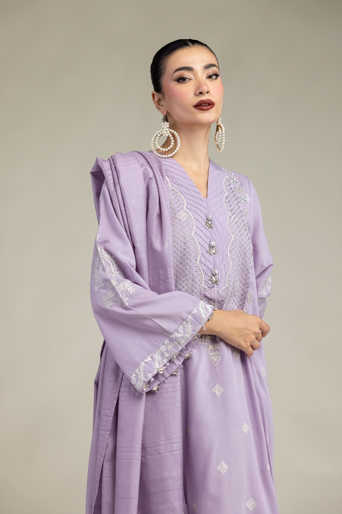 Embroidered Polyester Silk Silk Lavender Dupatta - 2-26-207-A-A1-VG