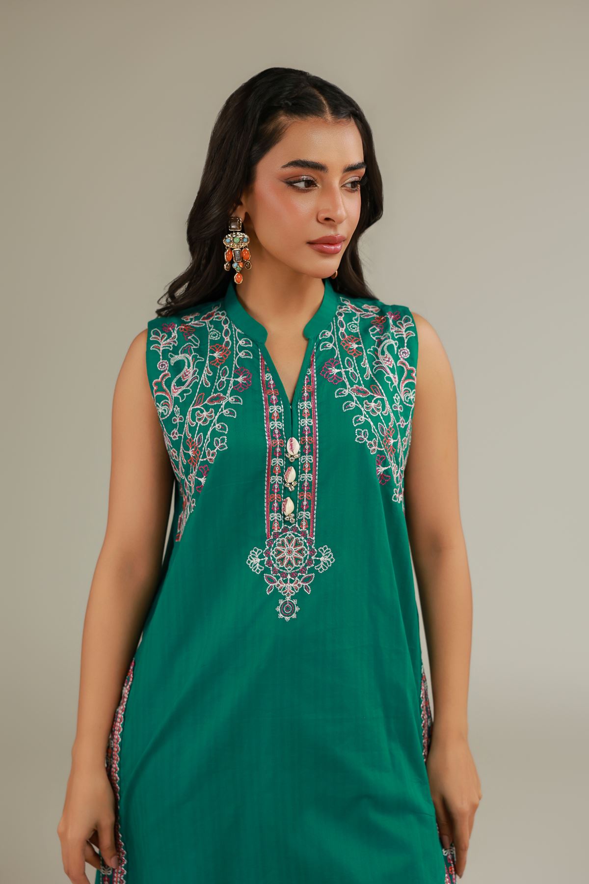 Embroidered Cotton Dobby Green Sleeveless Kurta - 25-09-11E11-07TB-VG