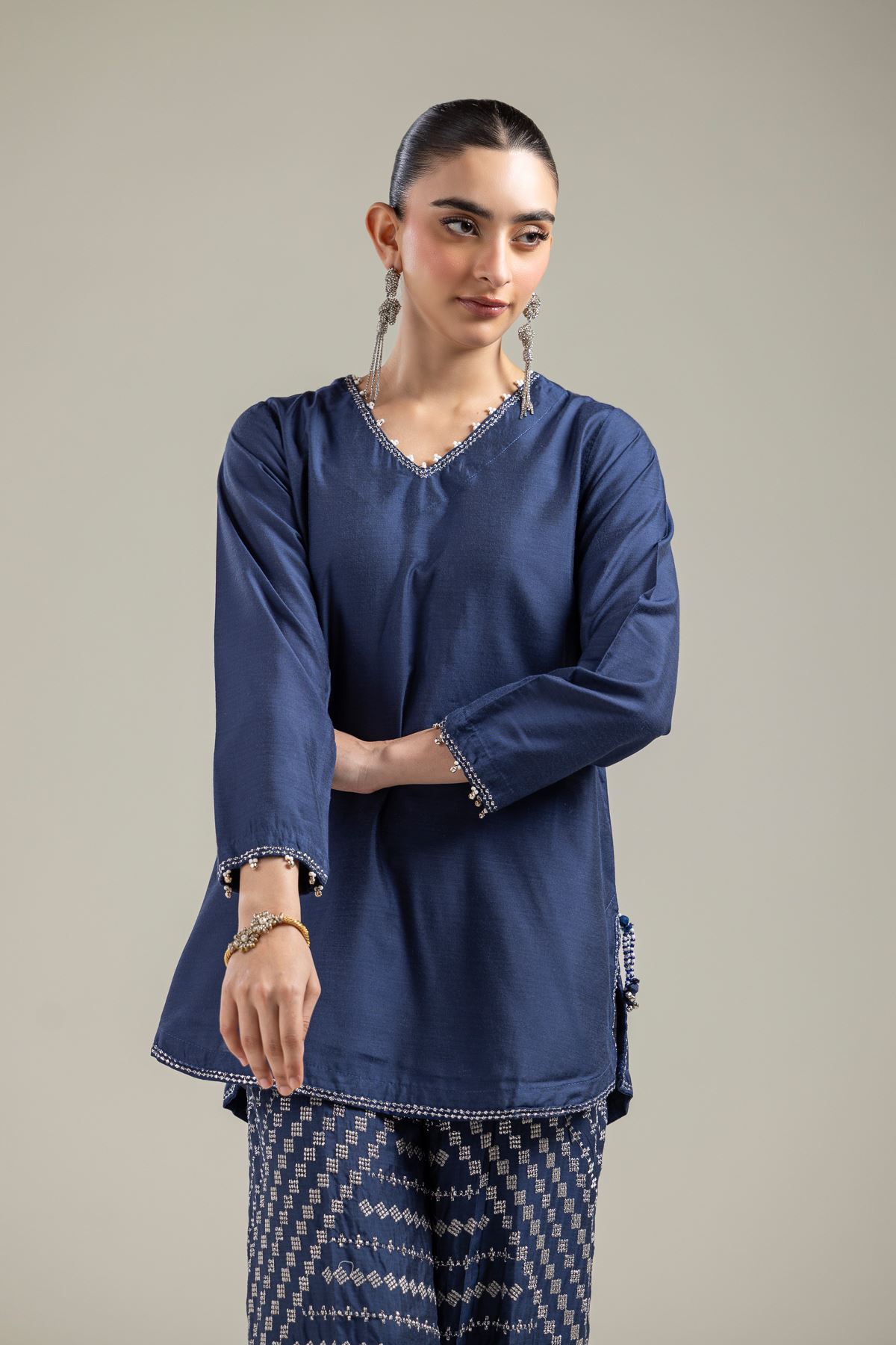 Raw Silk Navy V-Neck Kurta - 6-26-206-A-J2-VG