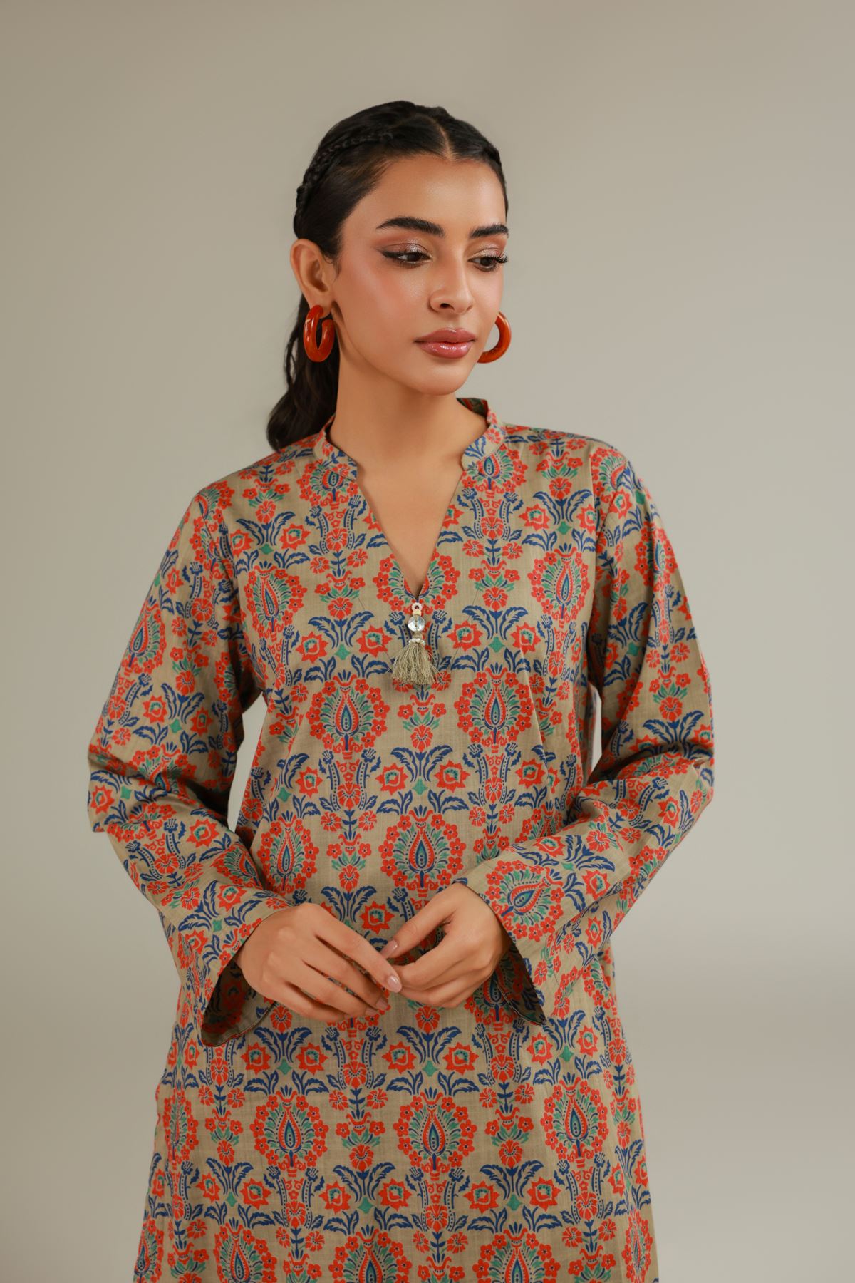 Printed Textured Cotton Mughal Motif Kurta - 1-26-108-A-F-VG