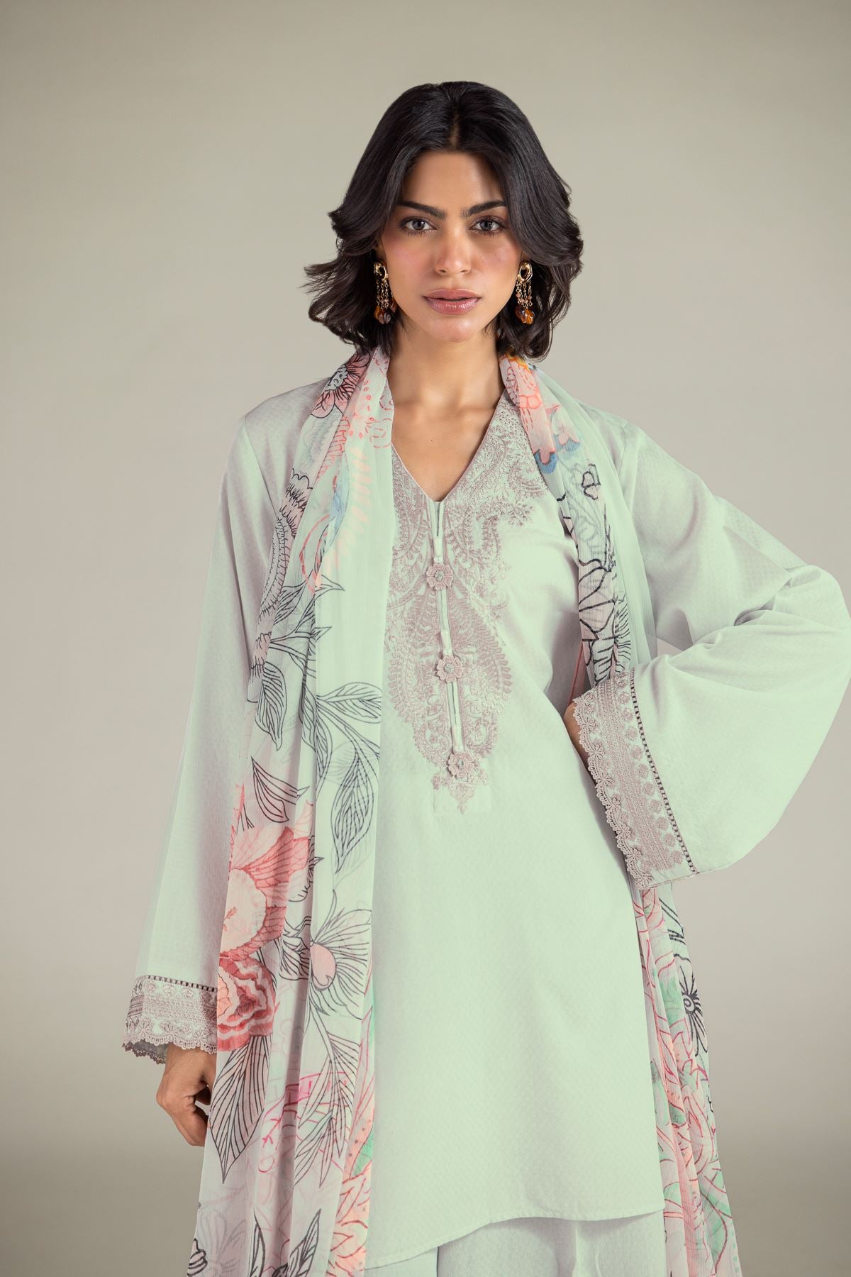 Embroidered Cotton Dobby 3-Piece Tailored Set - 2-26-201-A-C-VG