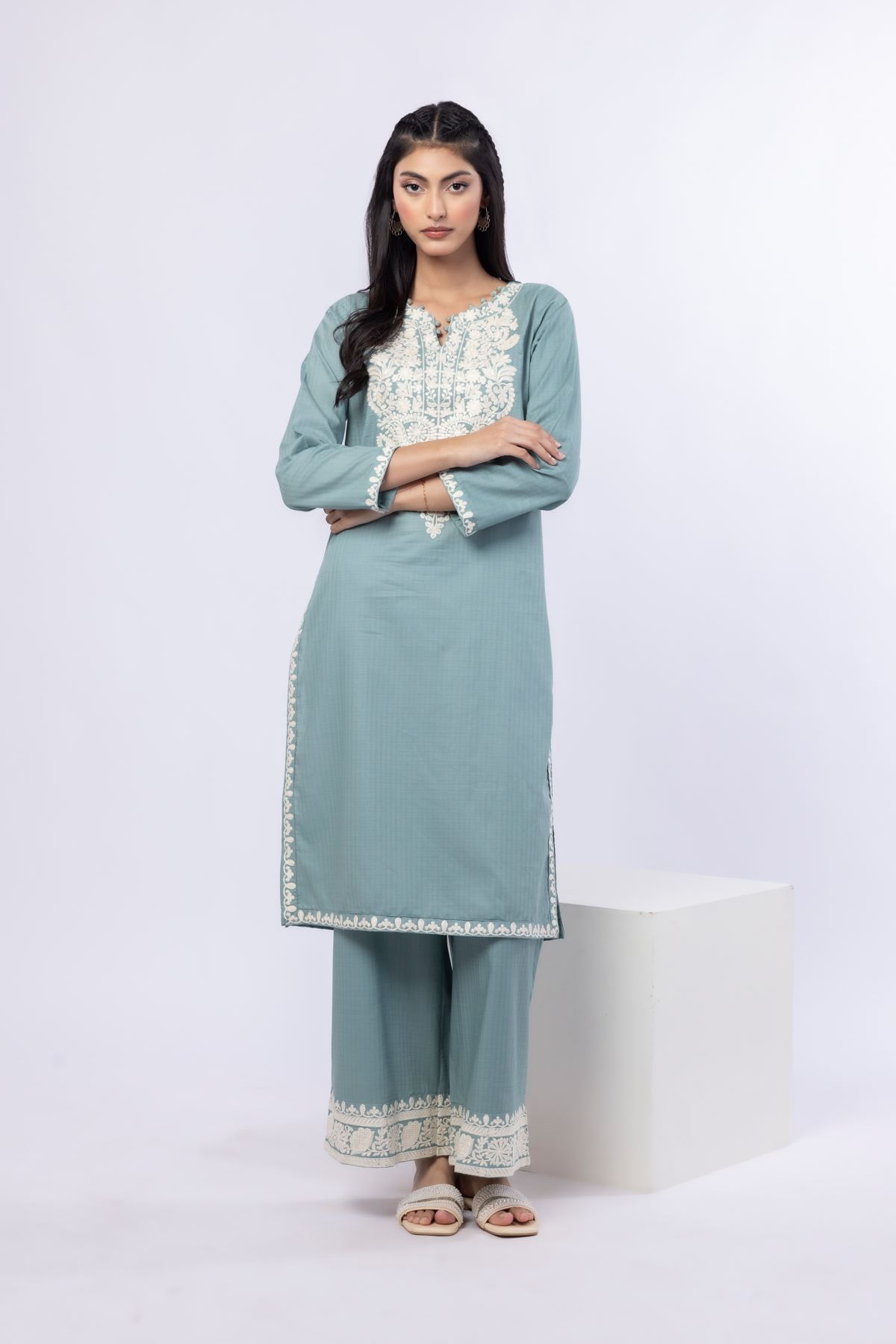 Embroidered Cotton Dobby Pants - R-EEB24715B-VG