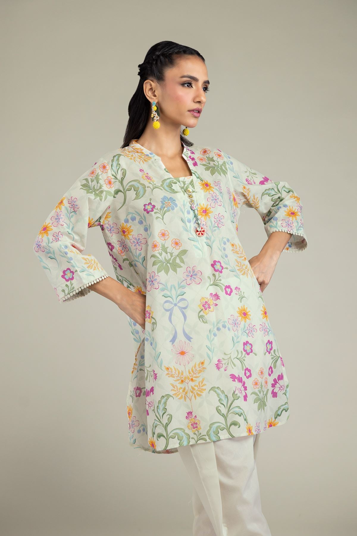 Printed Cambric Floral Buttoned Kurta - 25-10-12E7-09TB-VG
