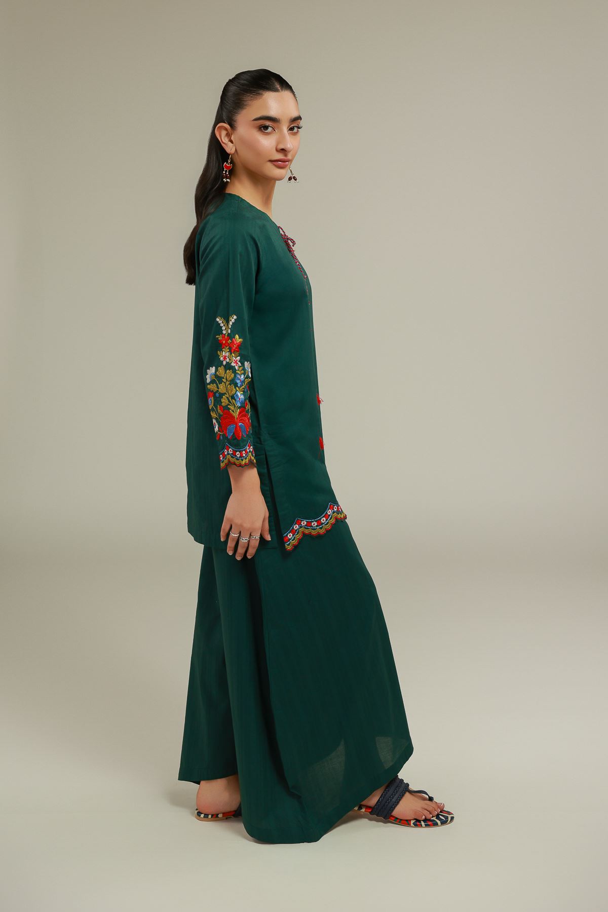 Embroidered Cotton Dobby Green Cotton Pants - 1-26-123-B-G-VG