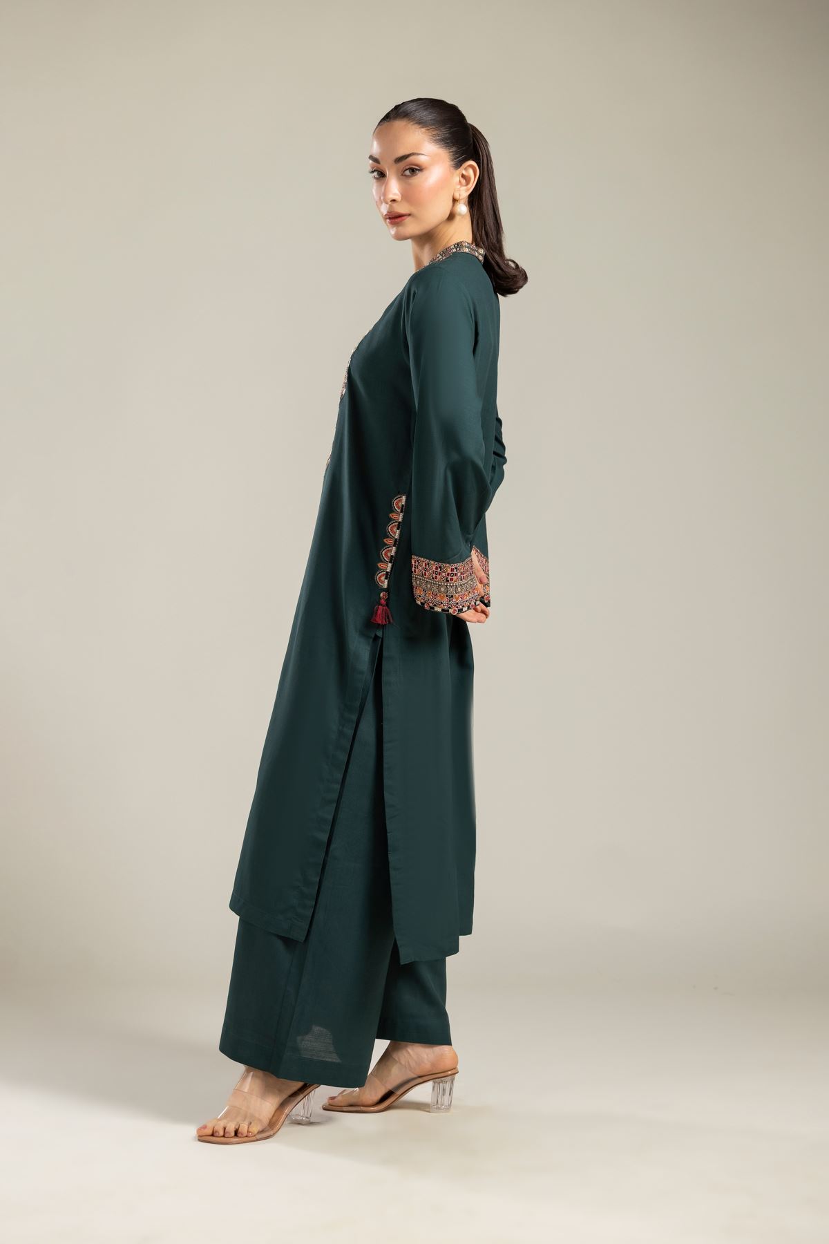 Embroidered Raw Silk Green Silk Pants - T-A112-26-103EI2-VG