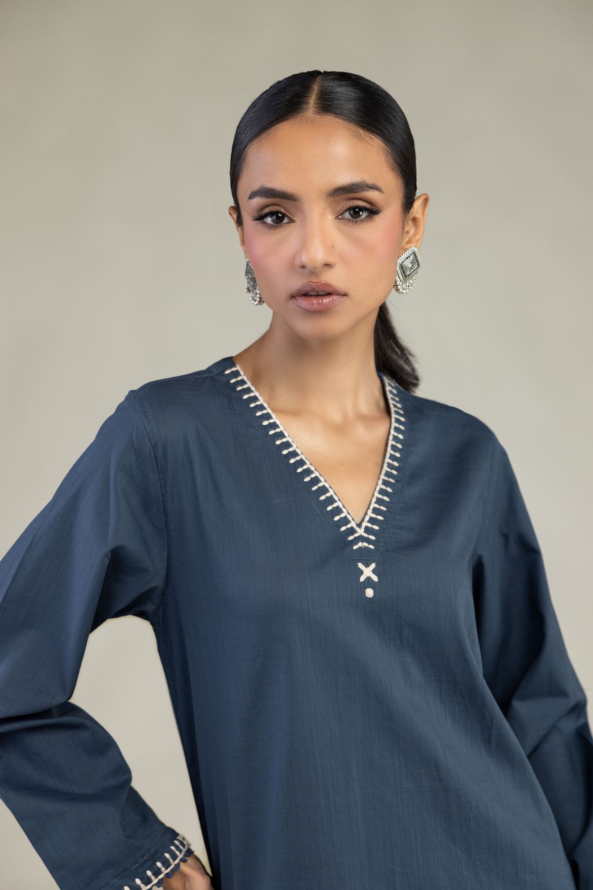 Textured Cotton Embroidered Long V-Neck Kurta - LK04A-VG