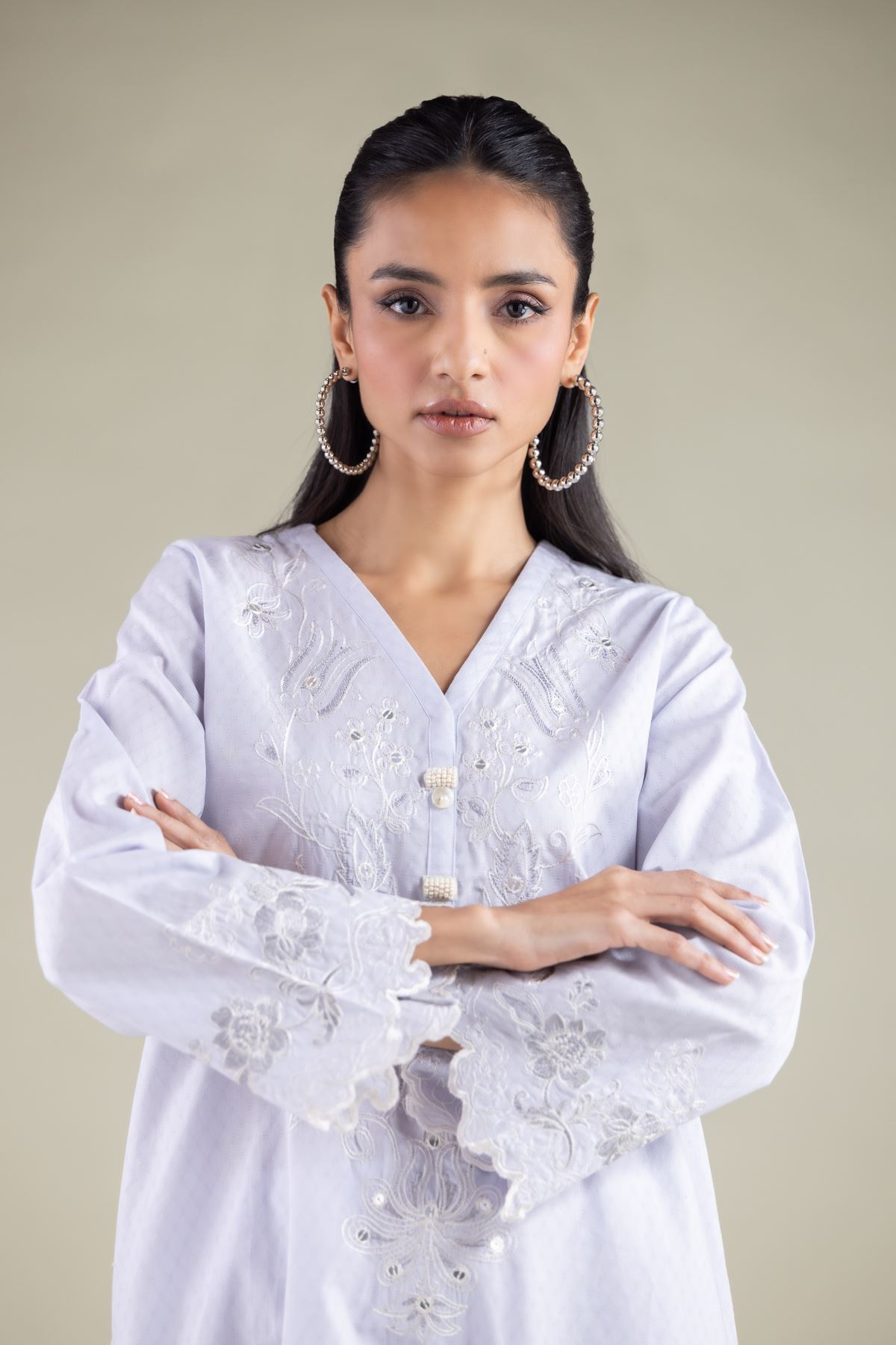 Embroidered Cotton Dobby Floral Longline Kurta - 1-26-115-B-F-VG
