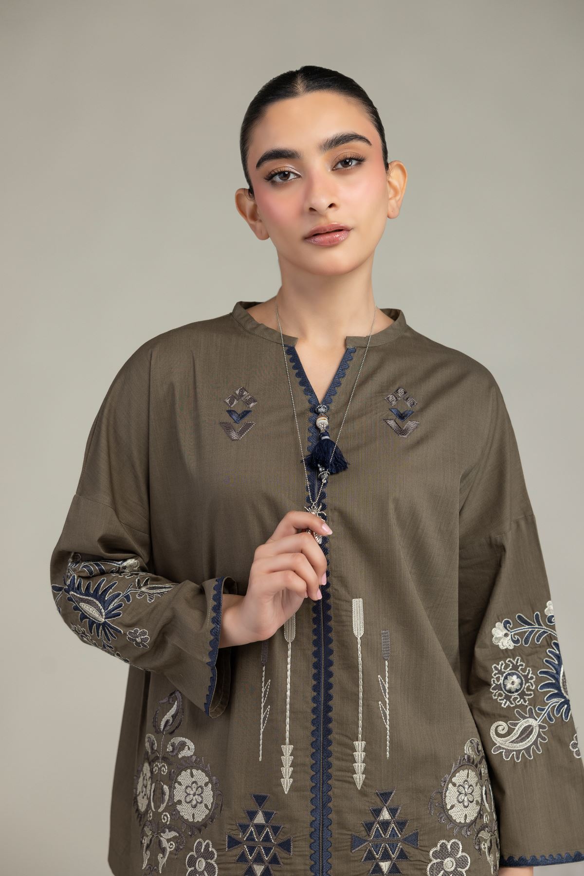 Embroidered Textured Cotton Floral Olive Blouse - 6-26-204-A-D2-VG