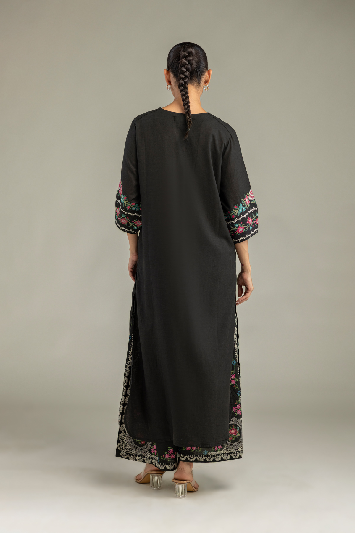 Embroidered Raw Silk Long Black Kurta - A22-26-214FH1-VG