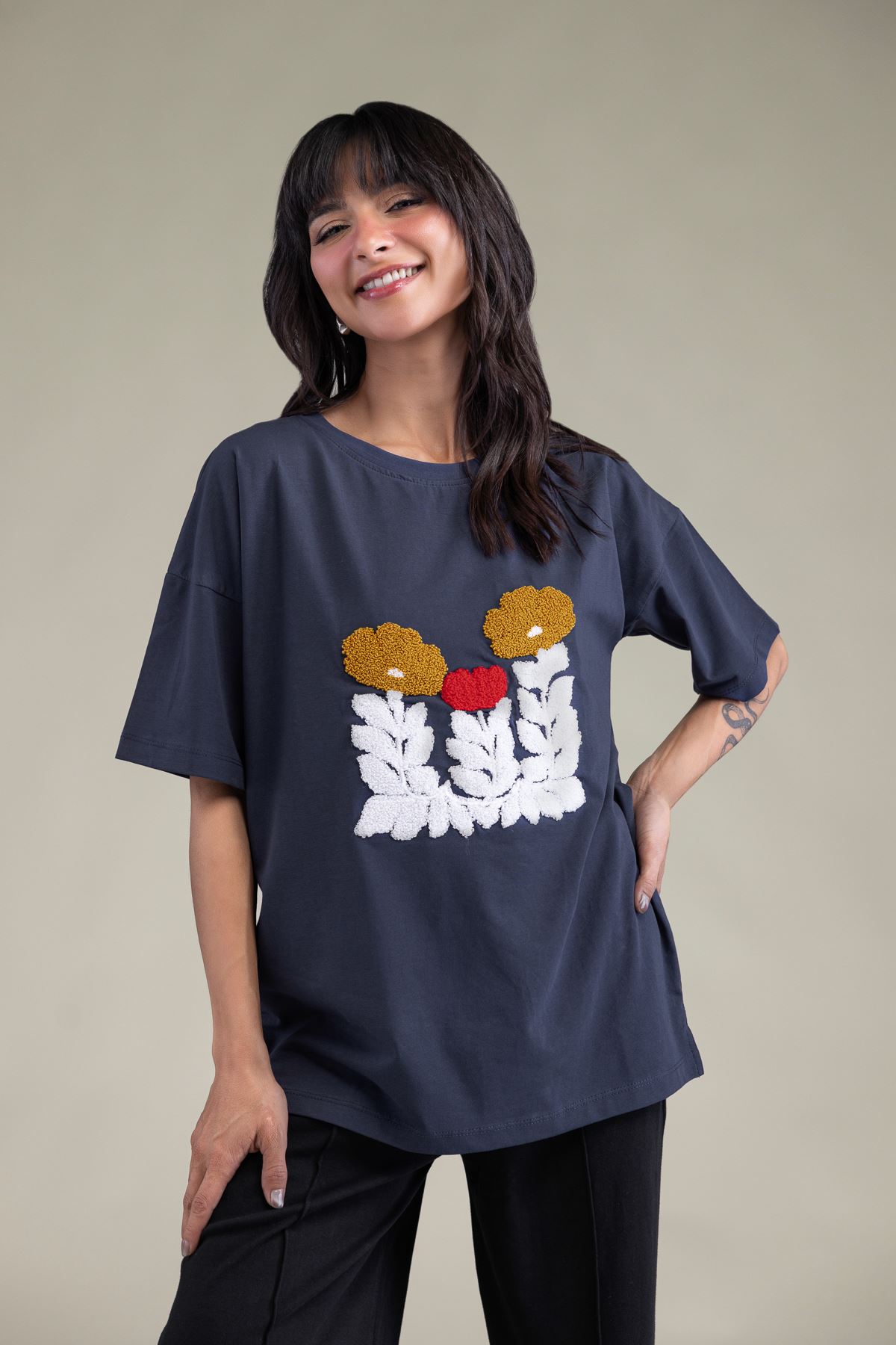Embroidered Lycra Jersey Short Floral T-Shirt - 3-26-204-A-B2-VG