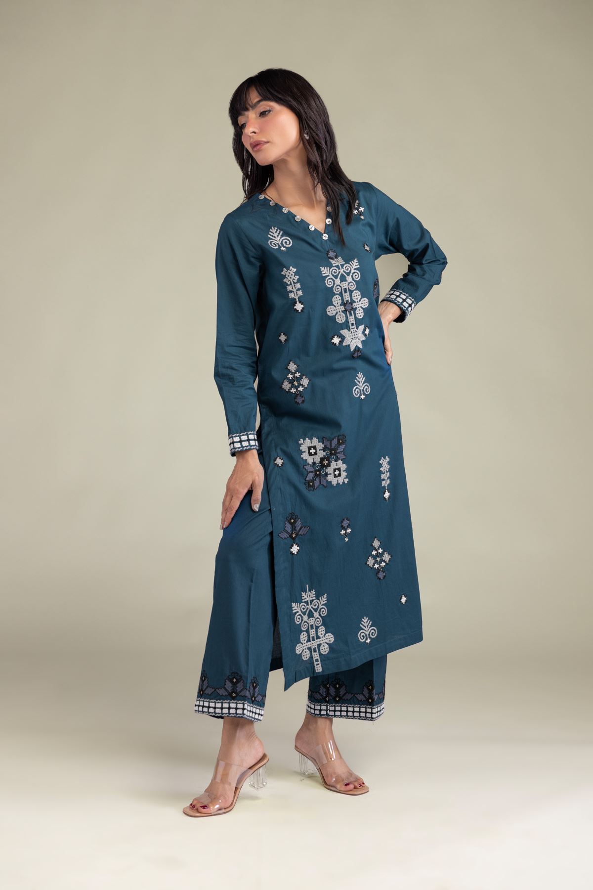 Embroidered Cambric Teal Cambric Pants - 1-26-231-A-F1-VG