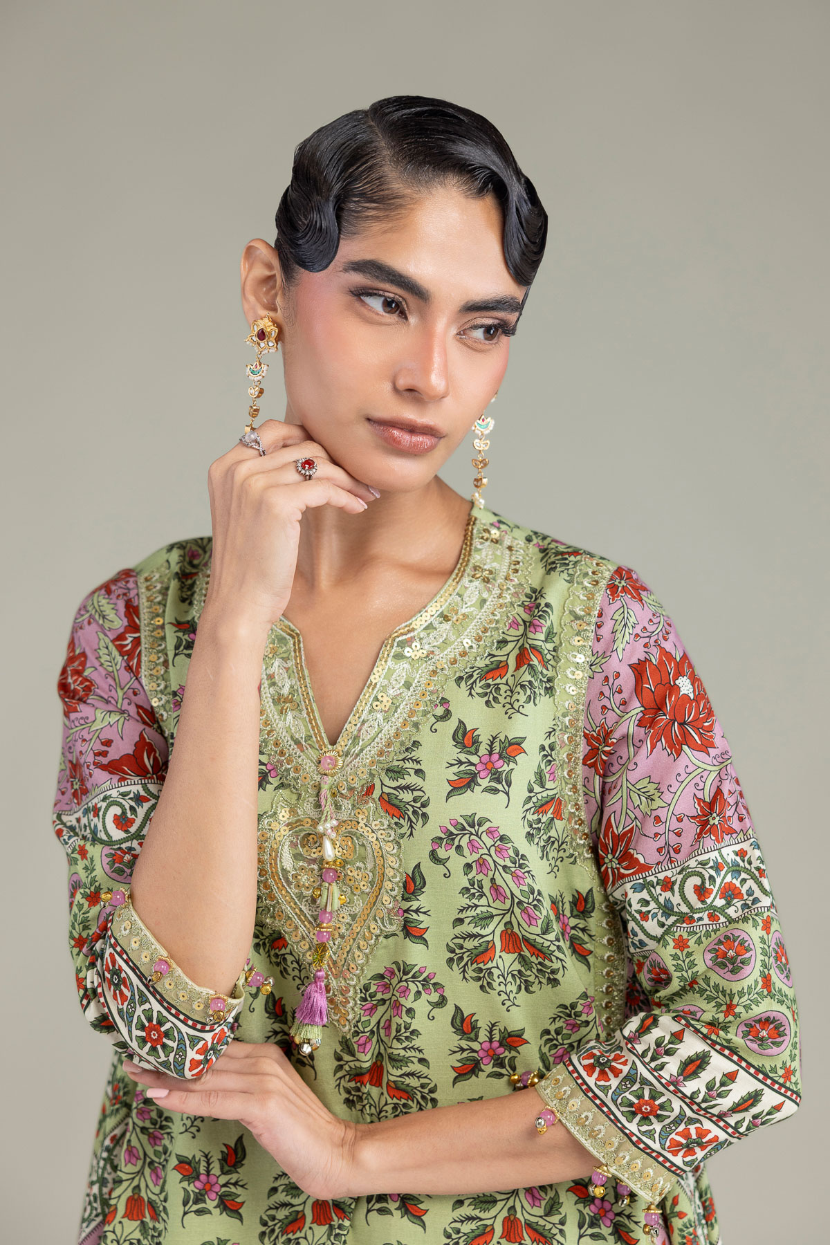 Embroidered Raw Silk Long Green Kurta - A22-26-214FH1-VG