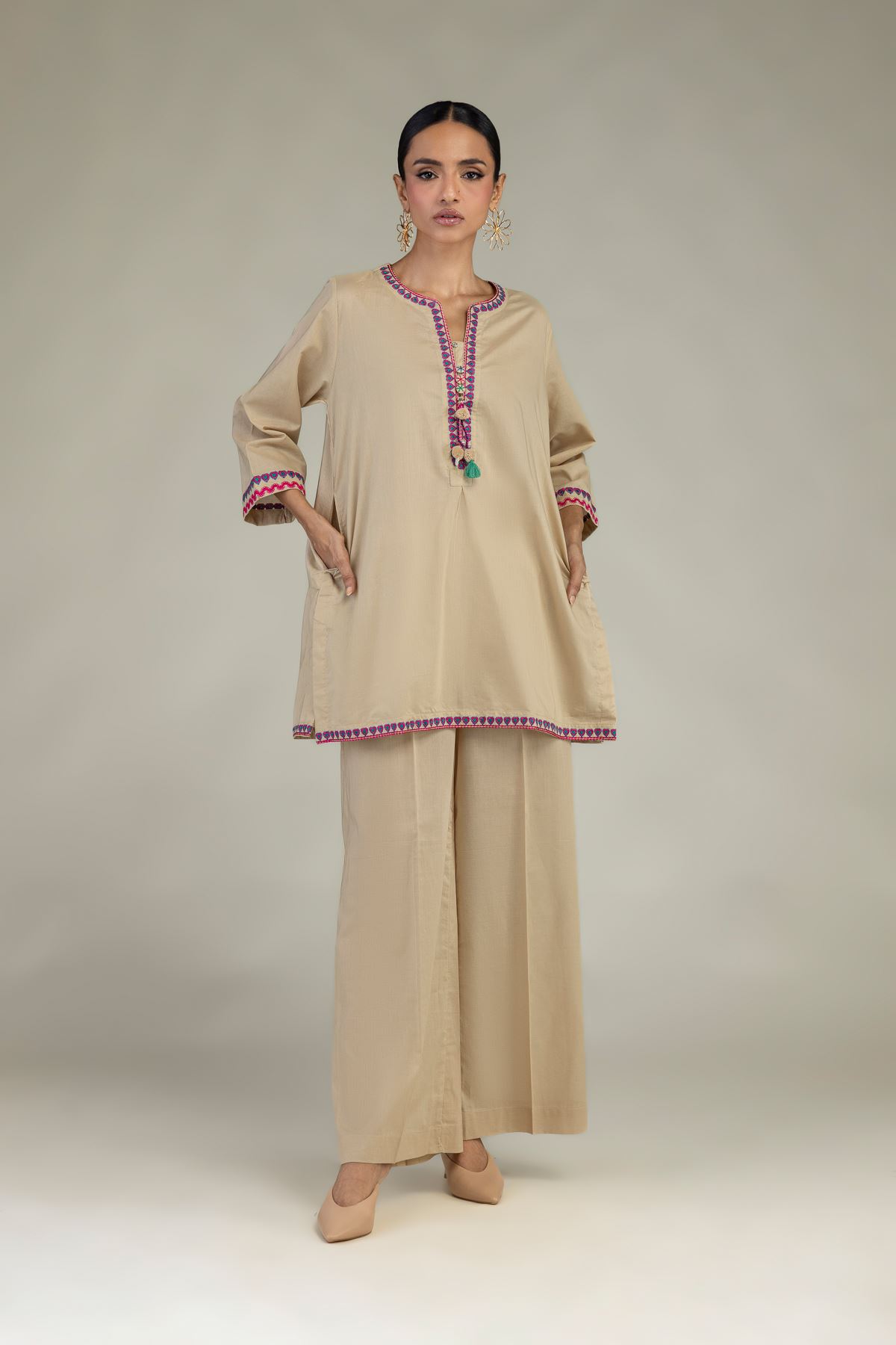 Embroidered Cambric Solid Cambric Pants - 1-26-327-A-C1-VG