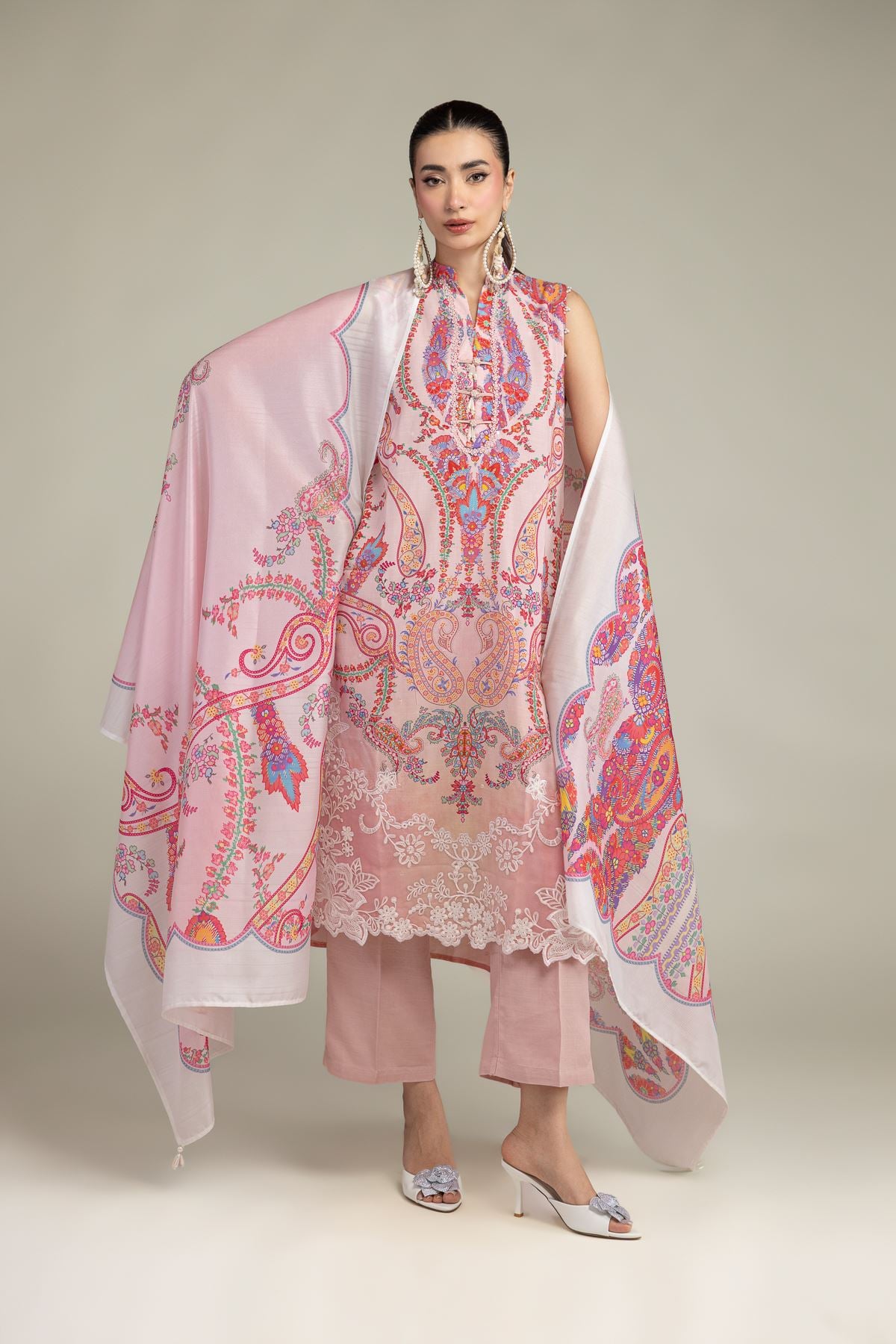 Embroidered Raw Silk Pink Floral Kurta - 2-26-212-A-F1-VG
