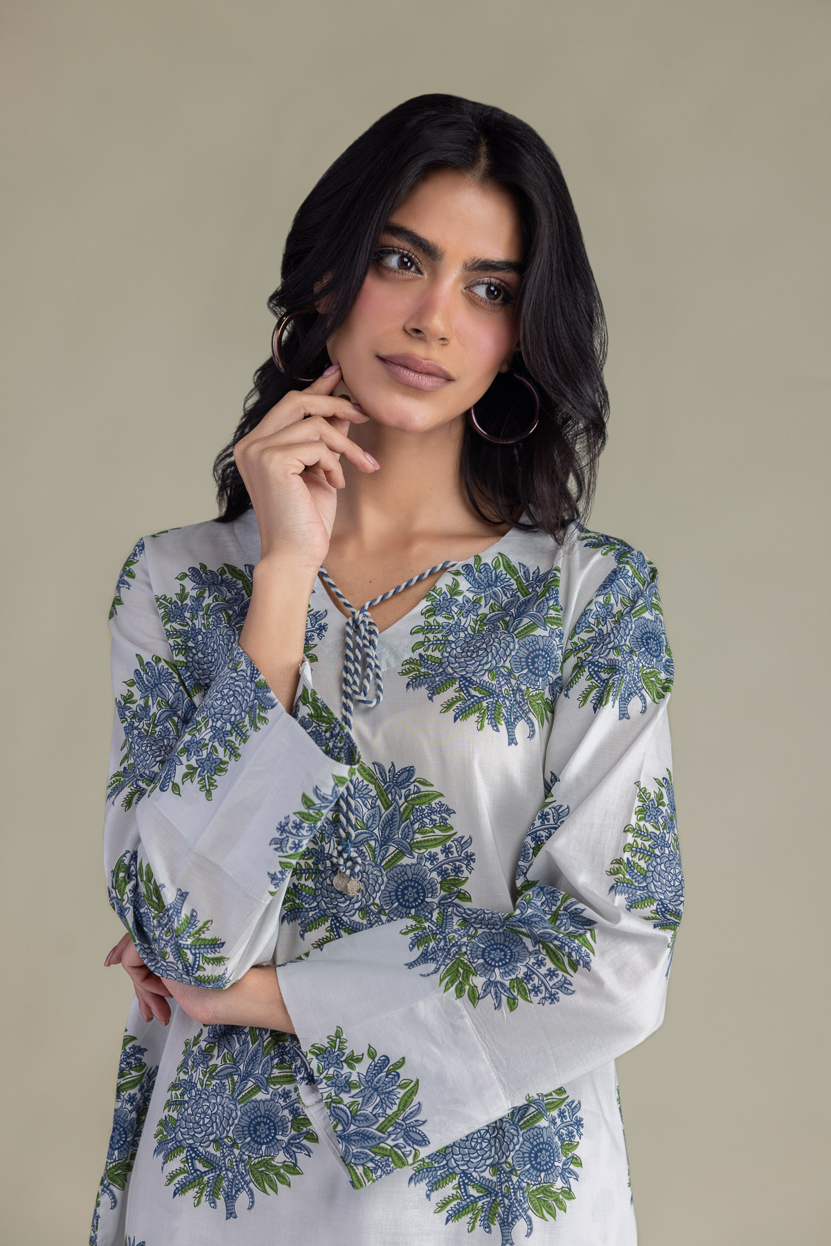 Printed Cambric Floral V-Neck Kurta - 1-26-309-B-D1-VG
