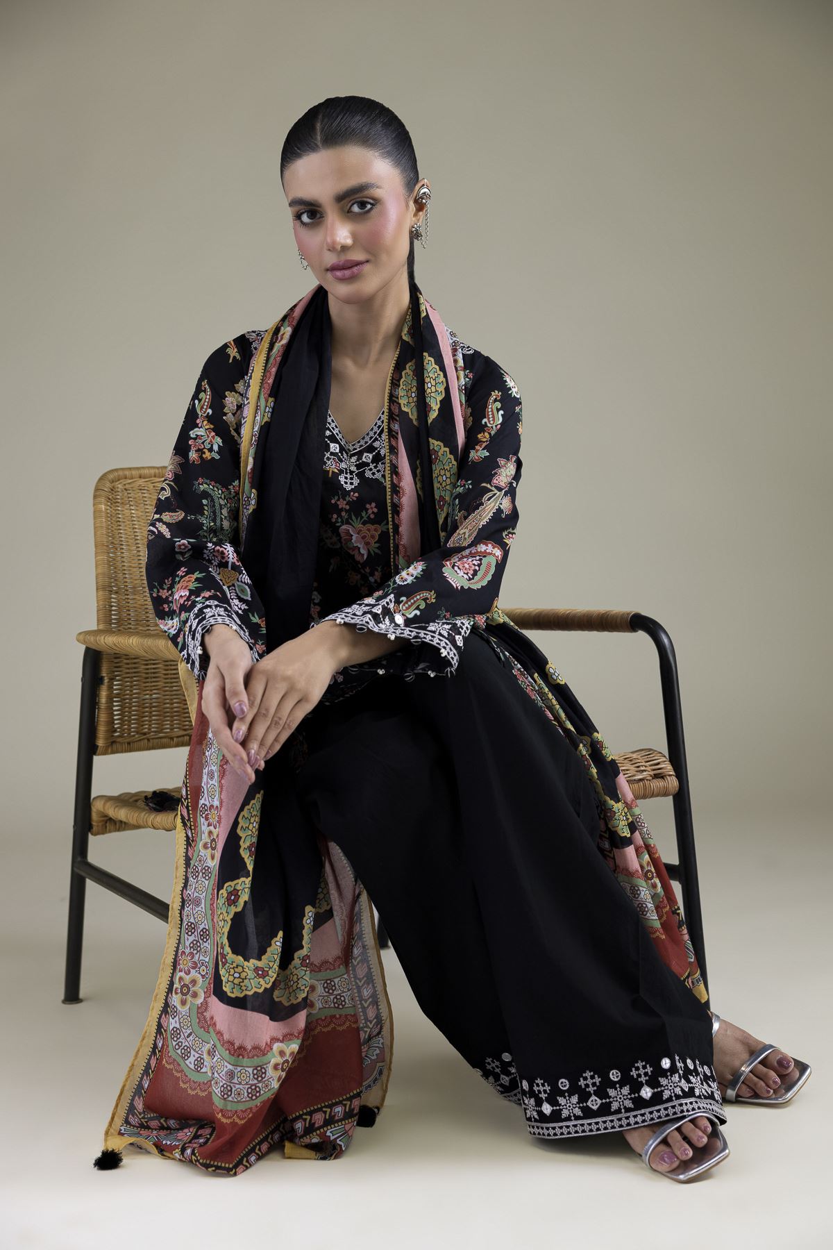 Embroidered Cambric Black Tailored Set - R-1-26-113-B-D-VG