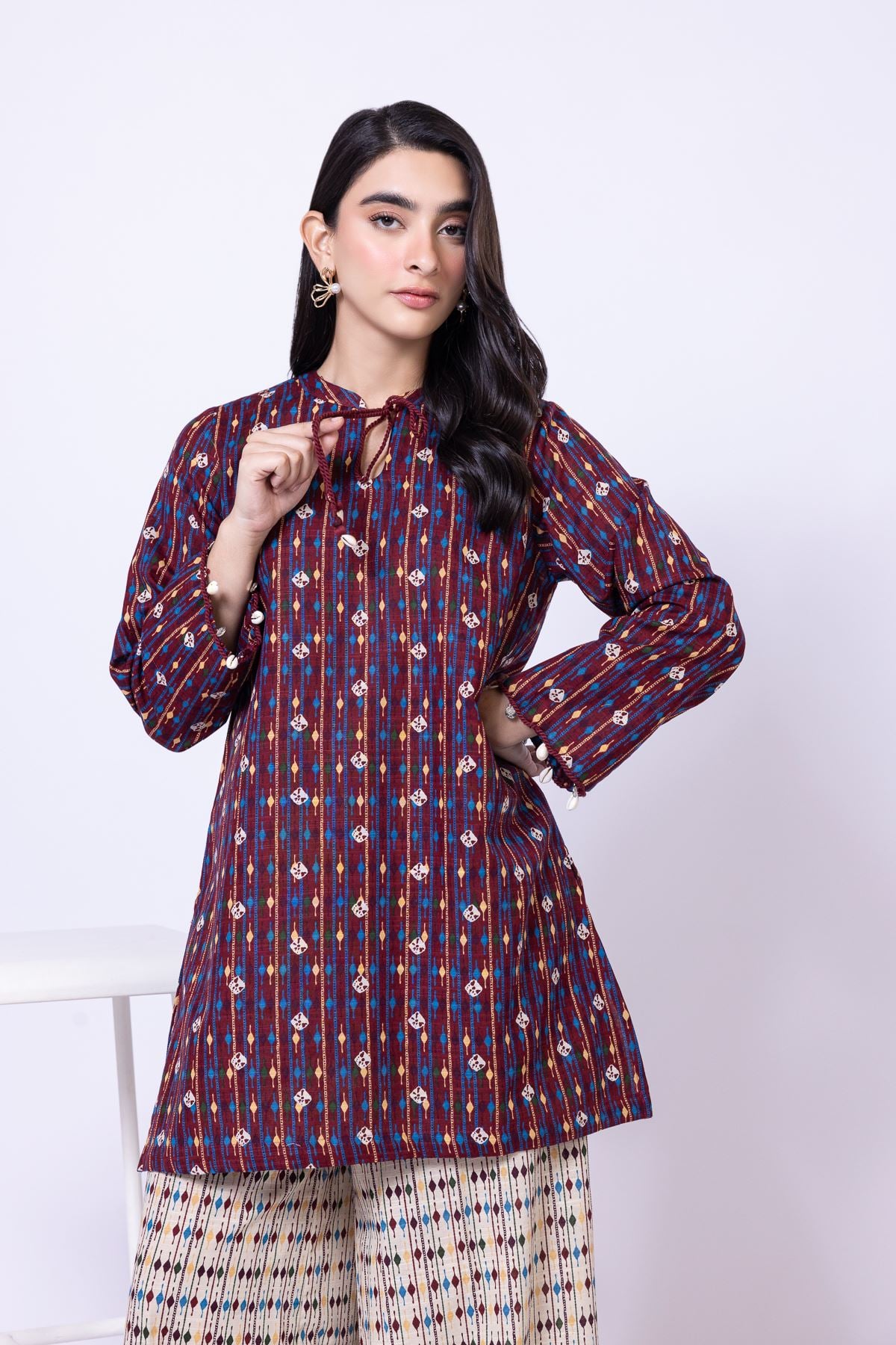 Printed Khaddar Drawstring Kurta - 25-09-12E2-01TA-VG