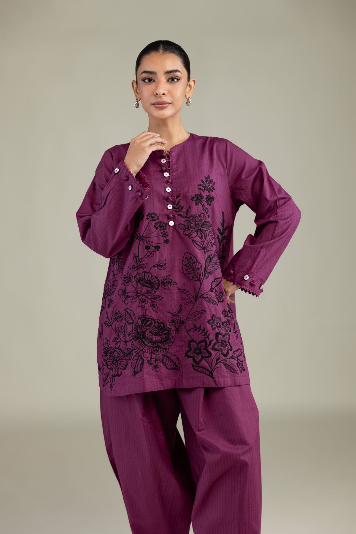 Embroidered Cotton Dobby Short Floral Kurta - 1-26-226-B-H1-VG