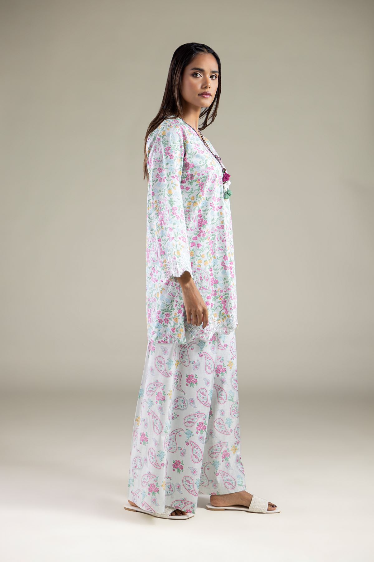 Embroidered Textured Cotton Pants - 1-26-133-A-F-VG