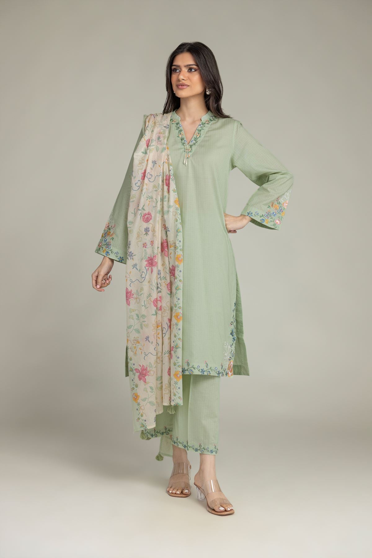 Embroidered Cotton Dobby Mint Cotton Pants - 1-26-221-A-H2-VG