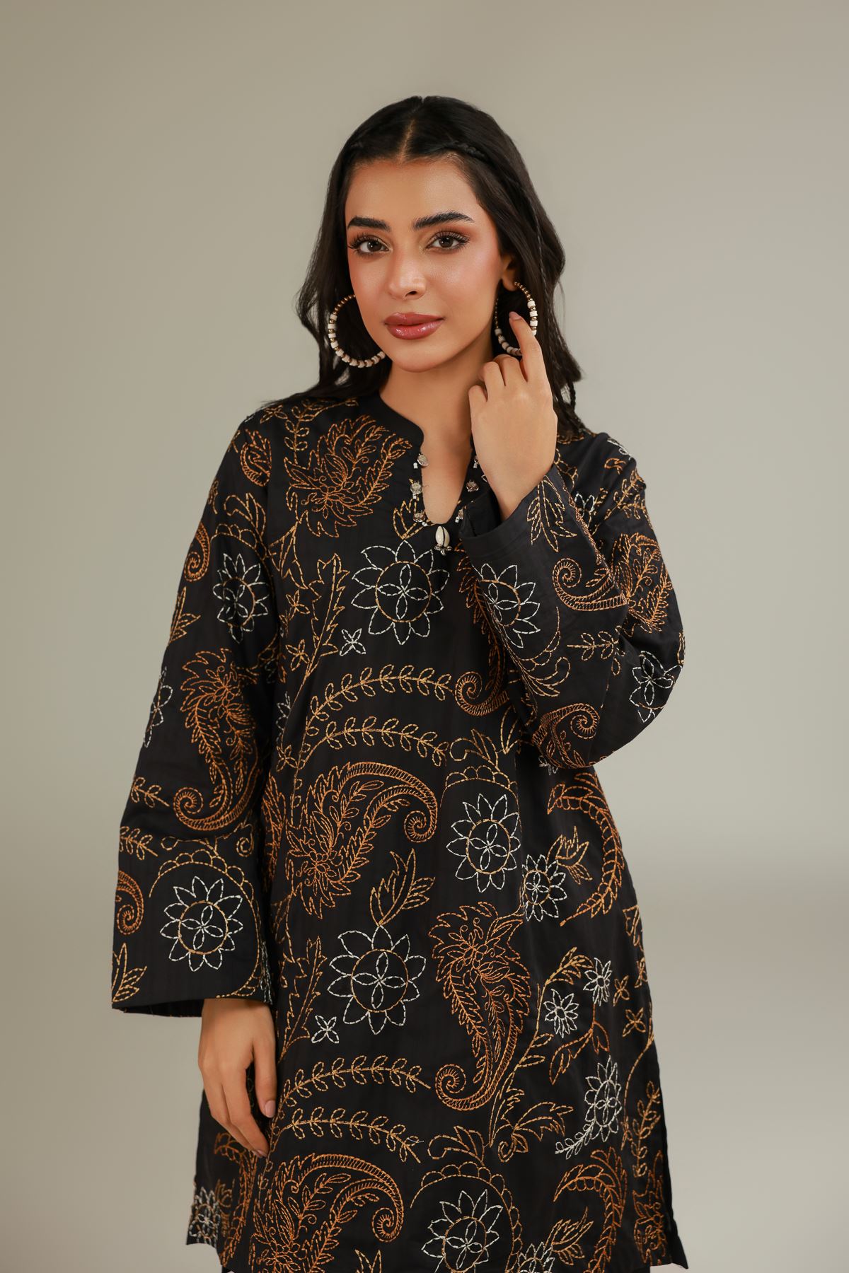 Embroidered Cotton Dobby Short Black Kurta - 1-26-137-A-B-VG