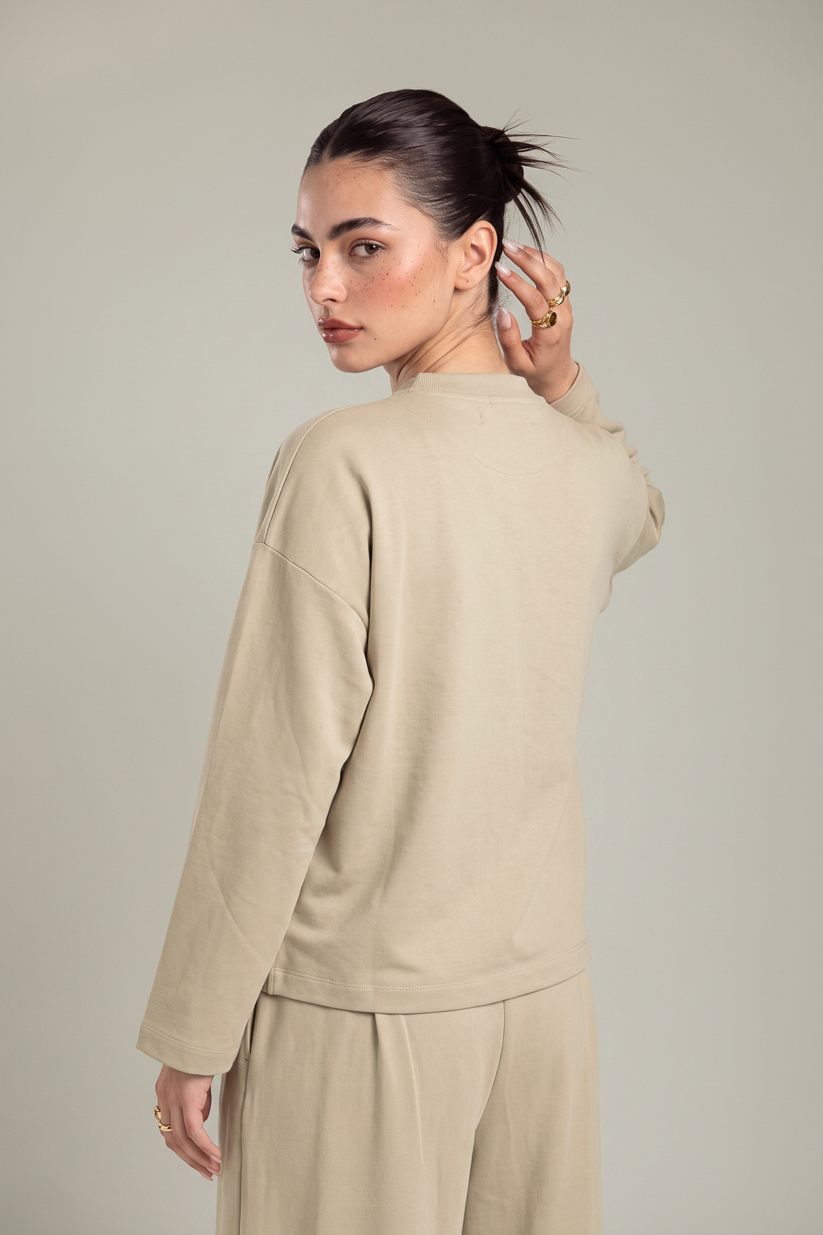 Embroidered Double Jersey Beige Jersey Sweatshirt - 2-26-202-A-D-VG