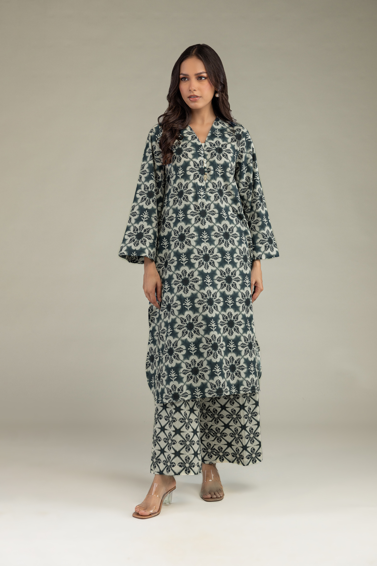 Printed Cotton Dobby Floral Longline Kurta - 1-26-102-A-F-VG