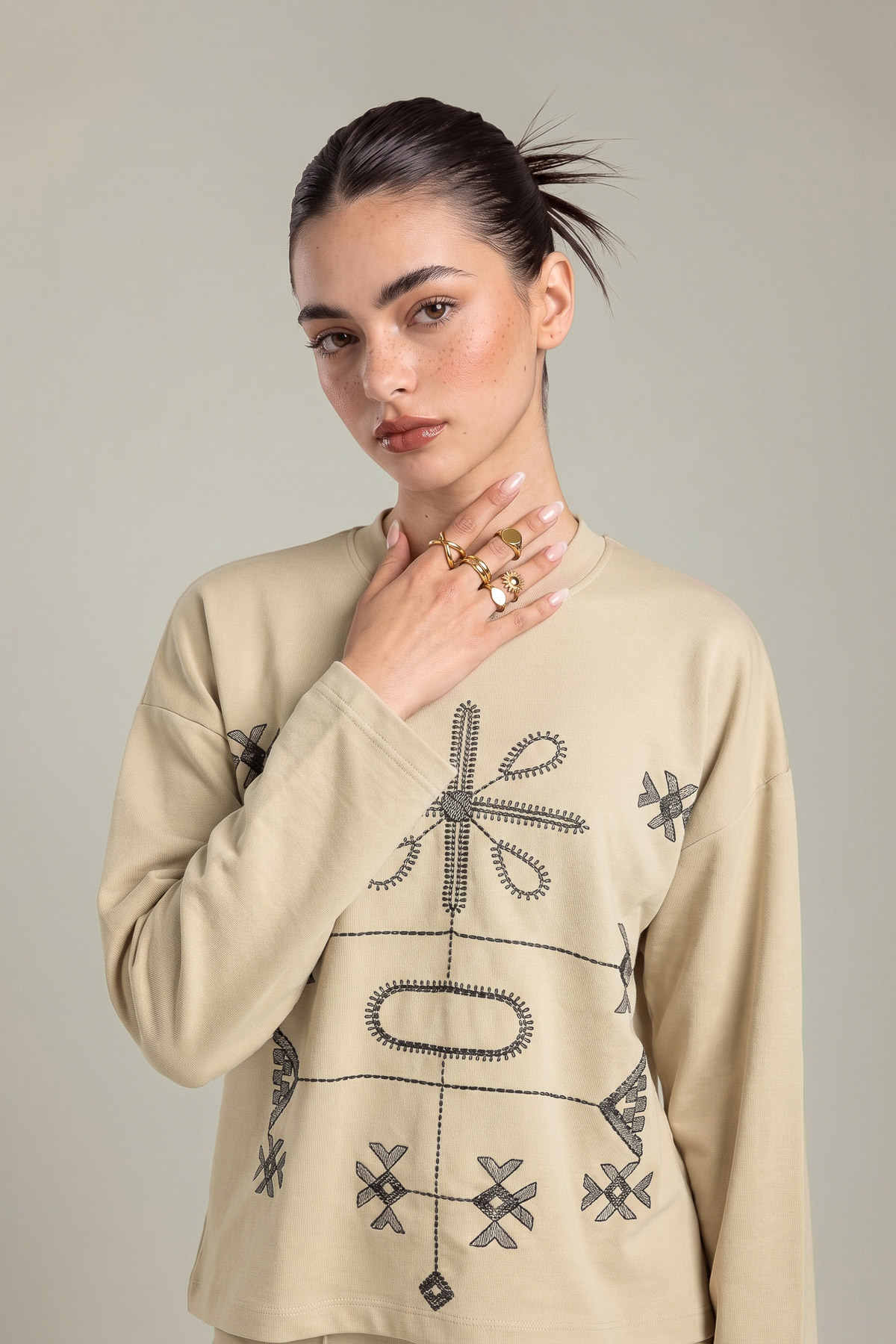 Embroidered Double Jersey Tribal Pullover Sweatshirt - 2-26-202-A-D-VG