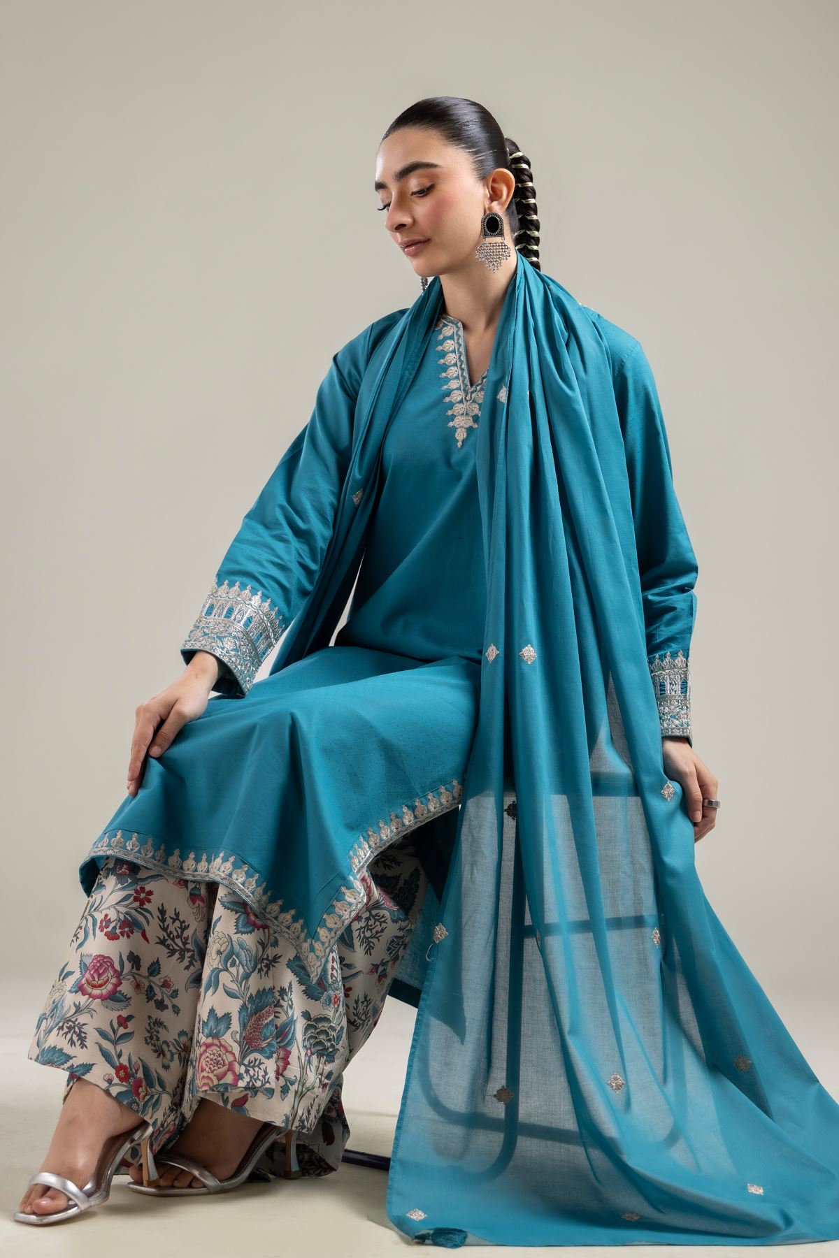 Embroidered Cotton Dobby Teal Cotton Kurta - T-A33-26-102FG-VG