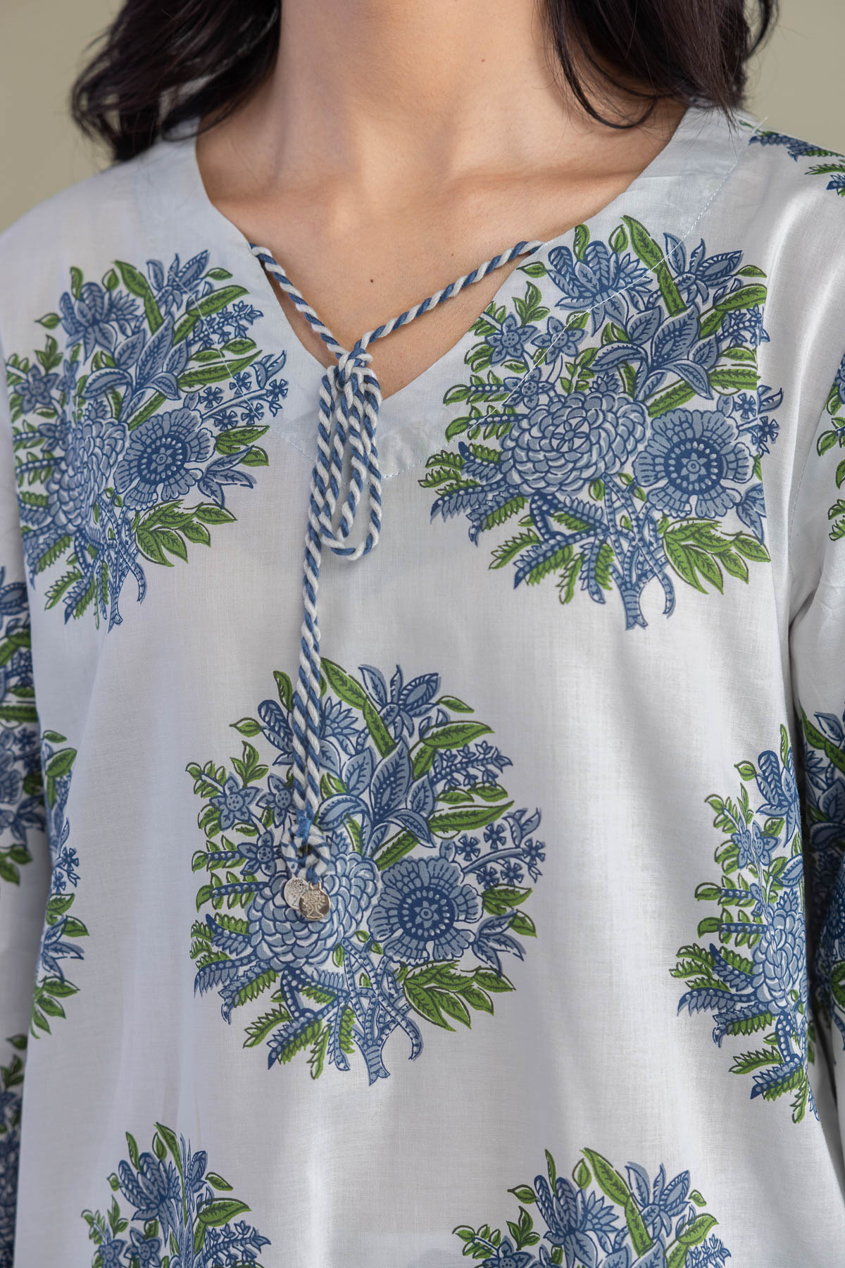 Printed Cambric Floral V-Neck Kurta - 1-26-309-B-D1-VG
