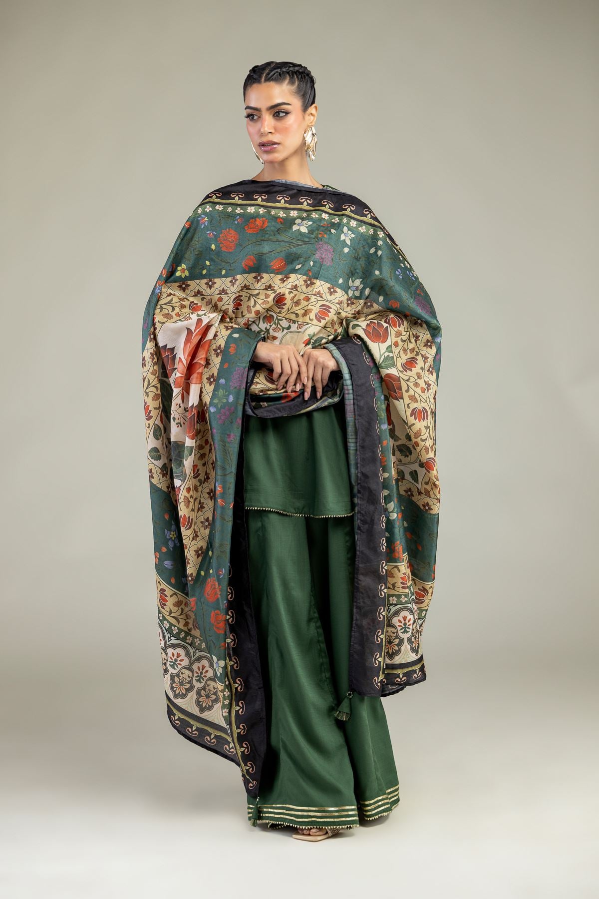 Embroidered Raw Silk Green Silk Pants - 2-26-203-A-C1-VG