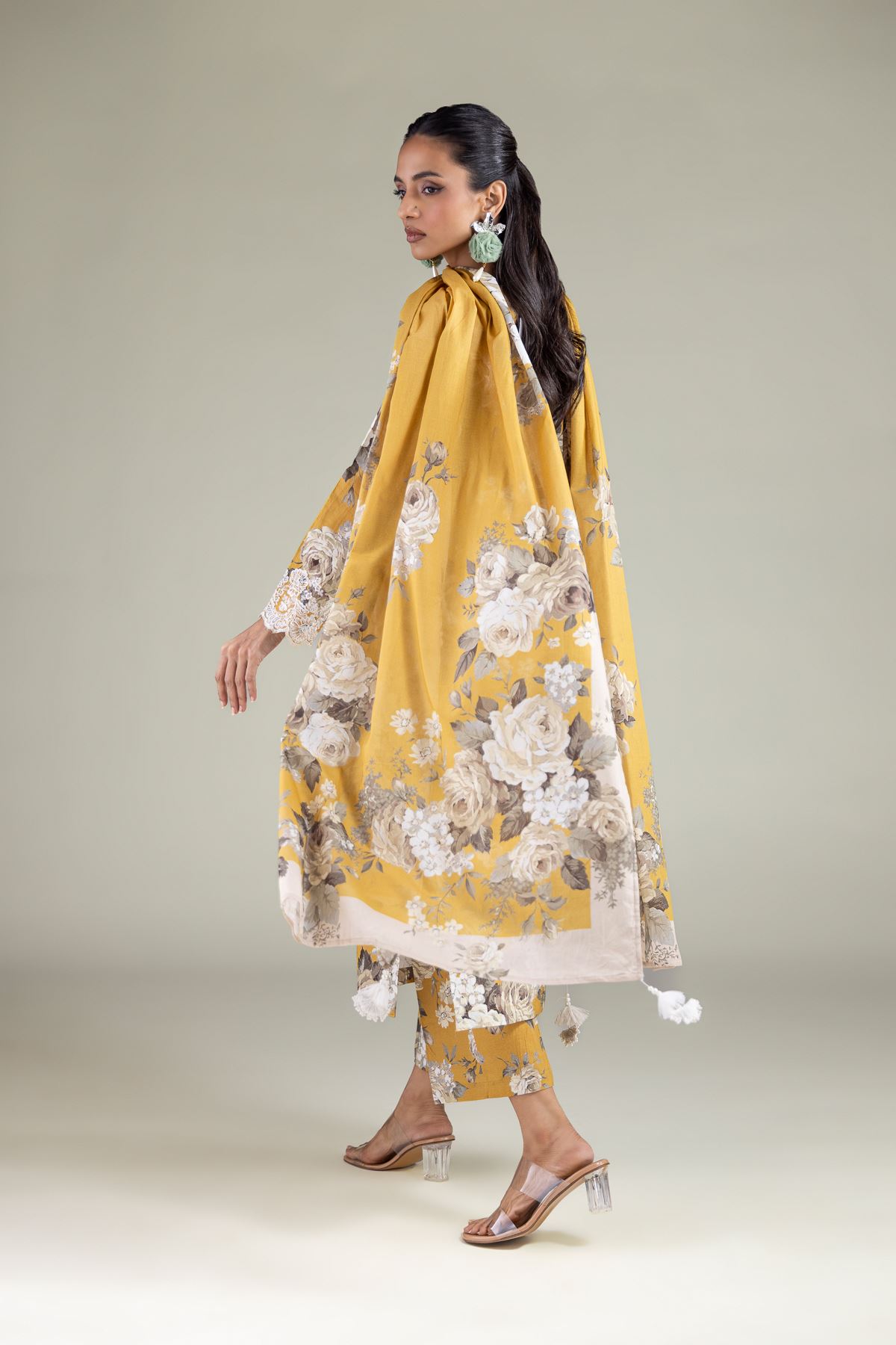 Embroidered Lawn Floral Draped Dupatta - 1-26-111-C-G-VG