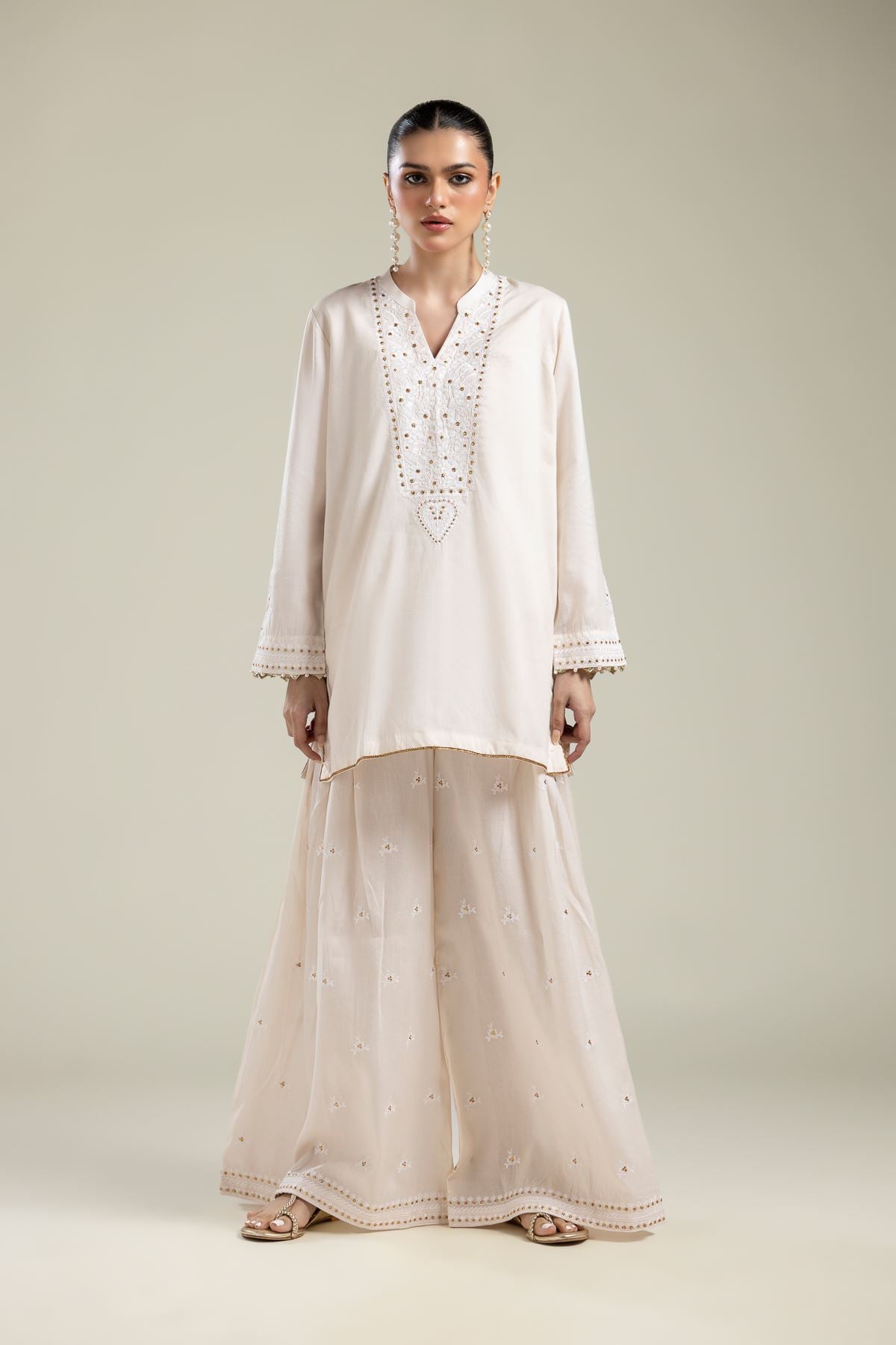 Embroidered Textured Weave Short V-Neck Kurta - 1-26-106-A-D-VG