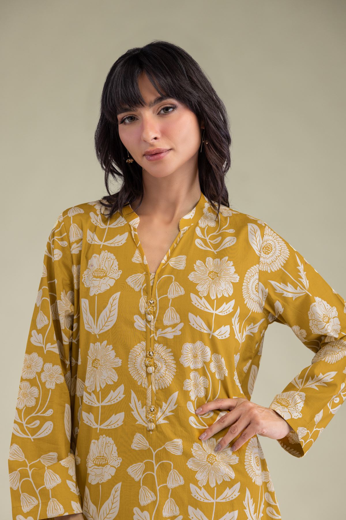 Printed Cambric Floral Band-Collar Kurta - 2-26-212-A-H1-VG