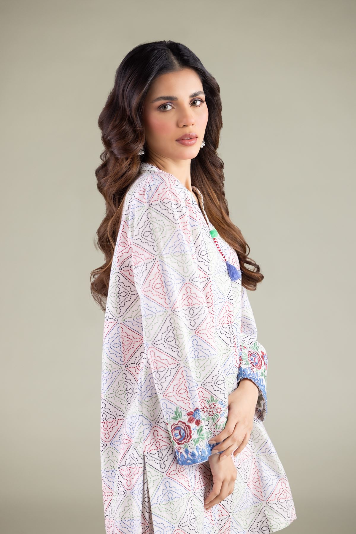 Embroidered Textured Cotton Geometric Tassel Kurta - T-A11-26-108FB1-VG