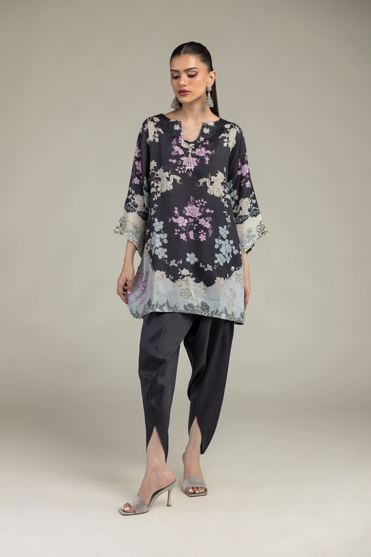 Embroidered Raw Silk Black Silk Pants - 2-26-210-A-A1-VG
