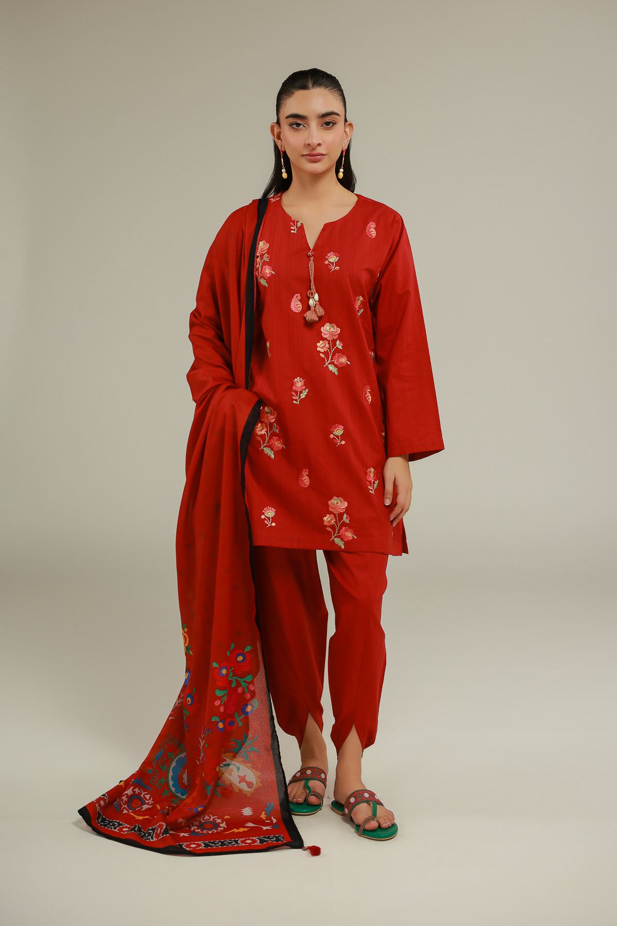 Embroidered Cotton Net Red Floral Dupatta - 1-26-145-C-H-VG