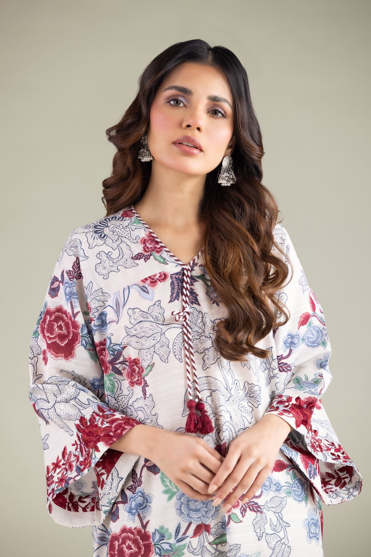 Embroidered Textured Cotton Floral Longline Kurta - 25-07-7E4-08TB-VG