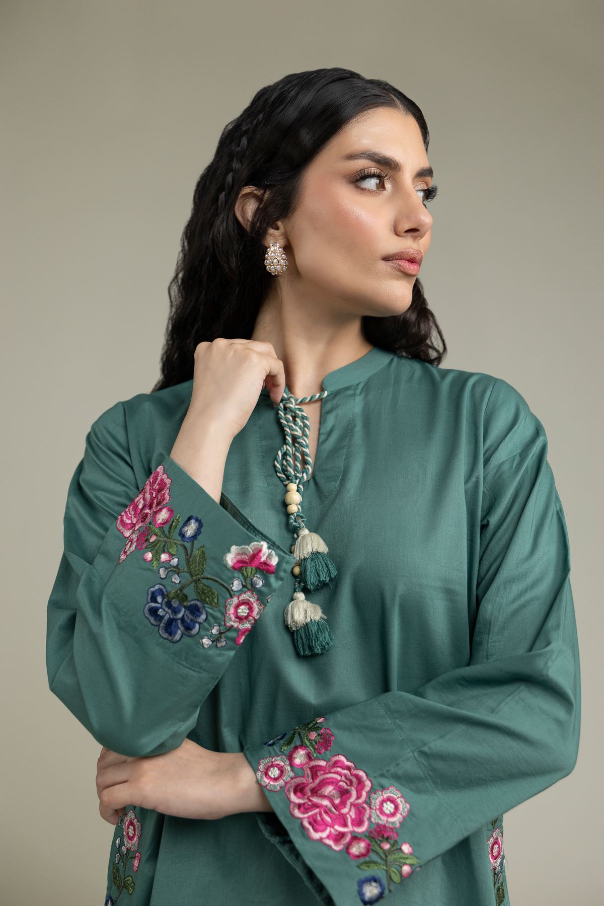Embroidered Cambric Teal Floral Kurta - 1-26-231-A-F1-VG