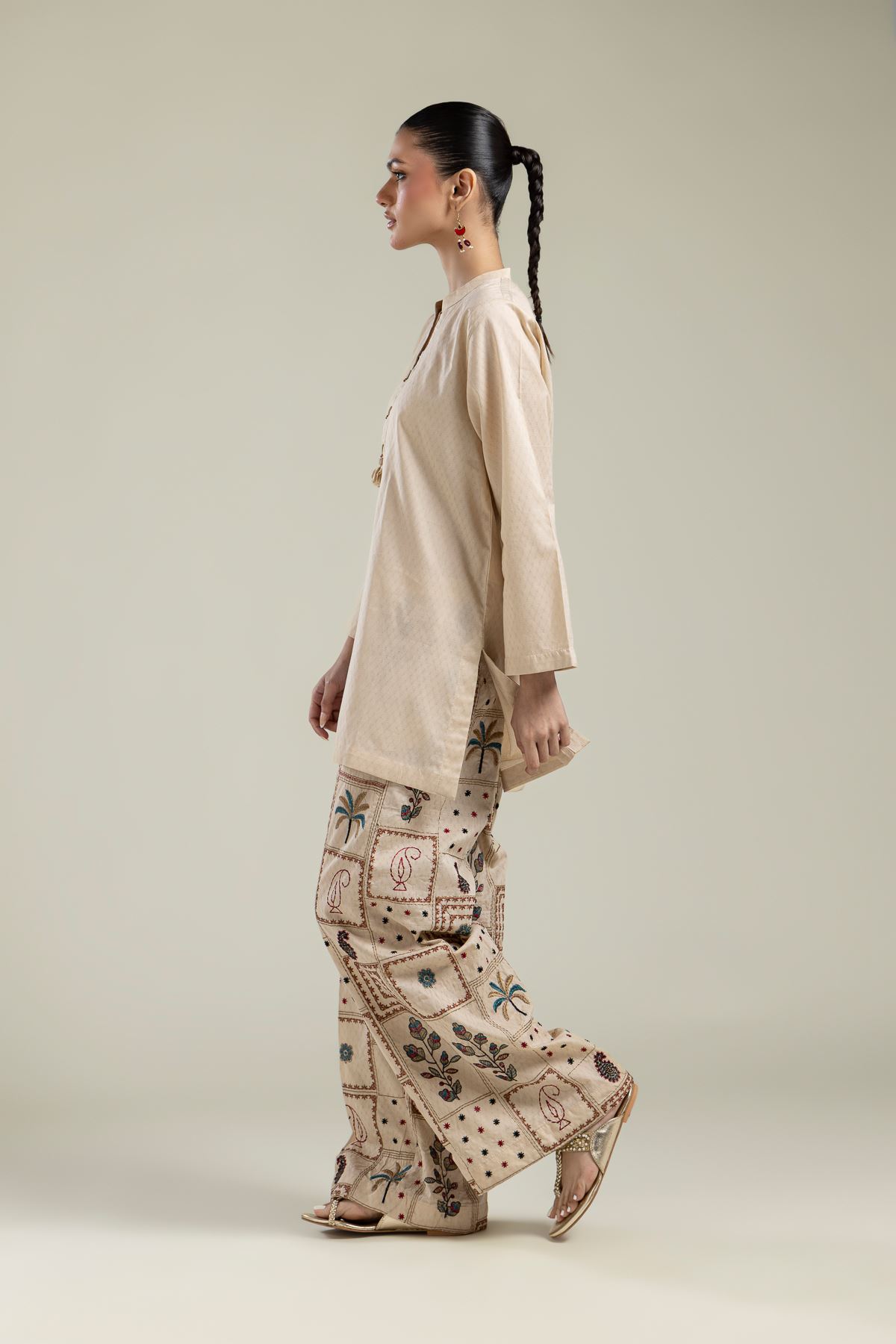 Embroidered Cotton Dobby Beige Cotton Pants - 1-26-134-A-E-VG
