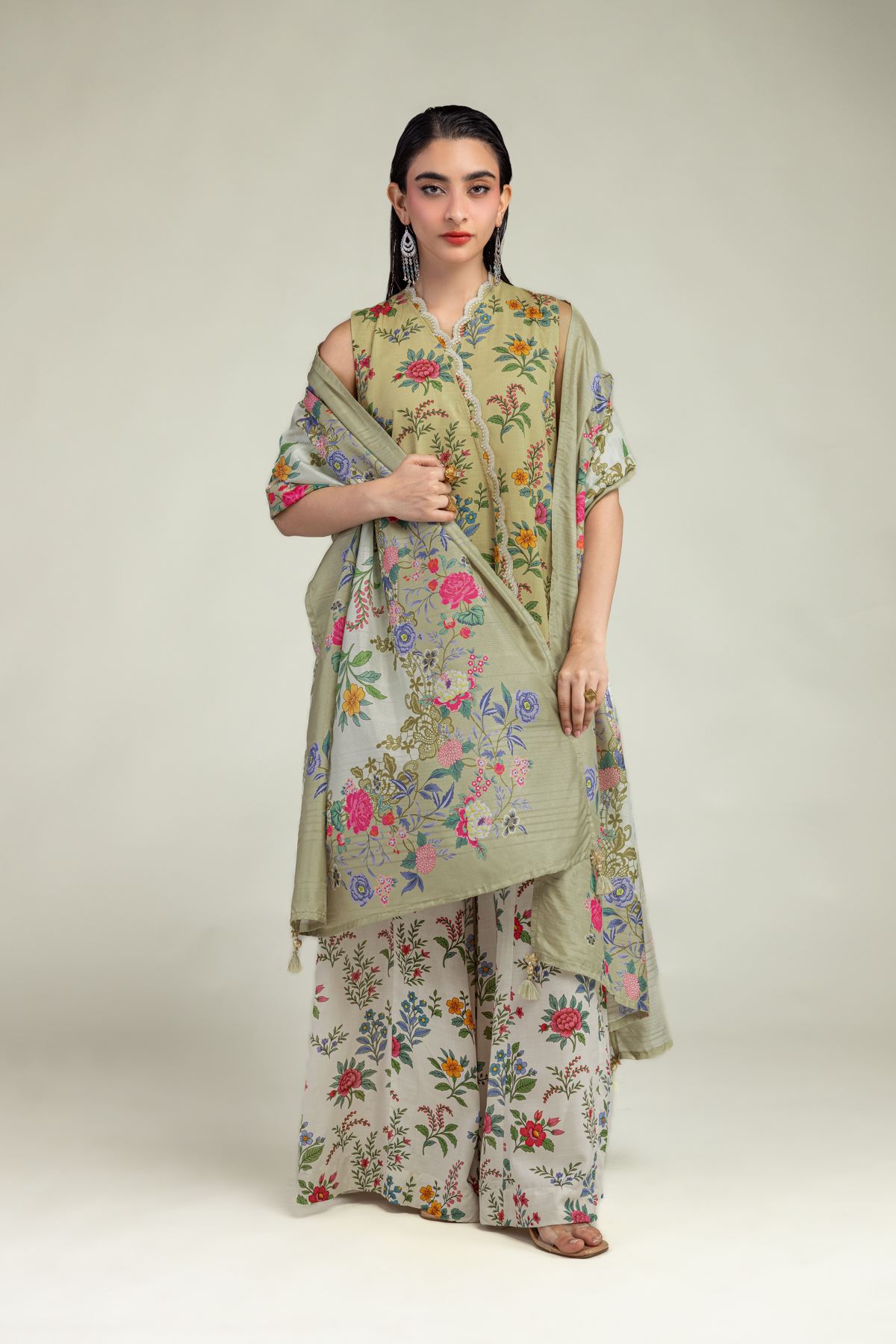 Embroidered Raw Silk Floral Silk Pants - 2-26-201-A-G-VG