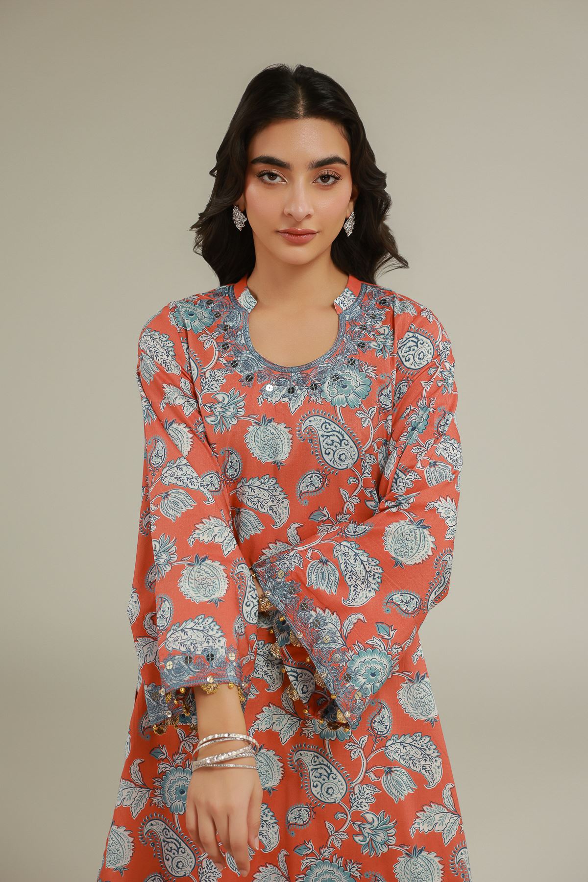 Embroidered Cotton Viscose Paisley Pom-Pom Kurta - 2-26-103-A-F-VG